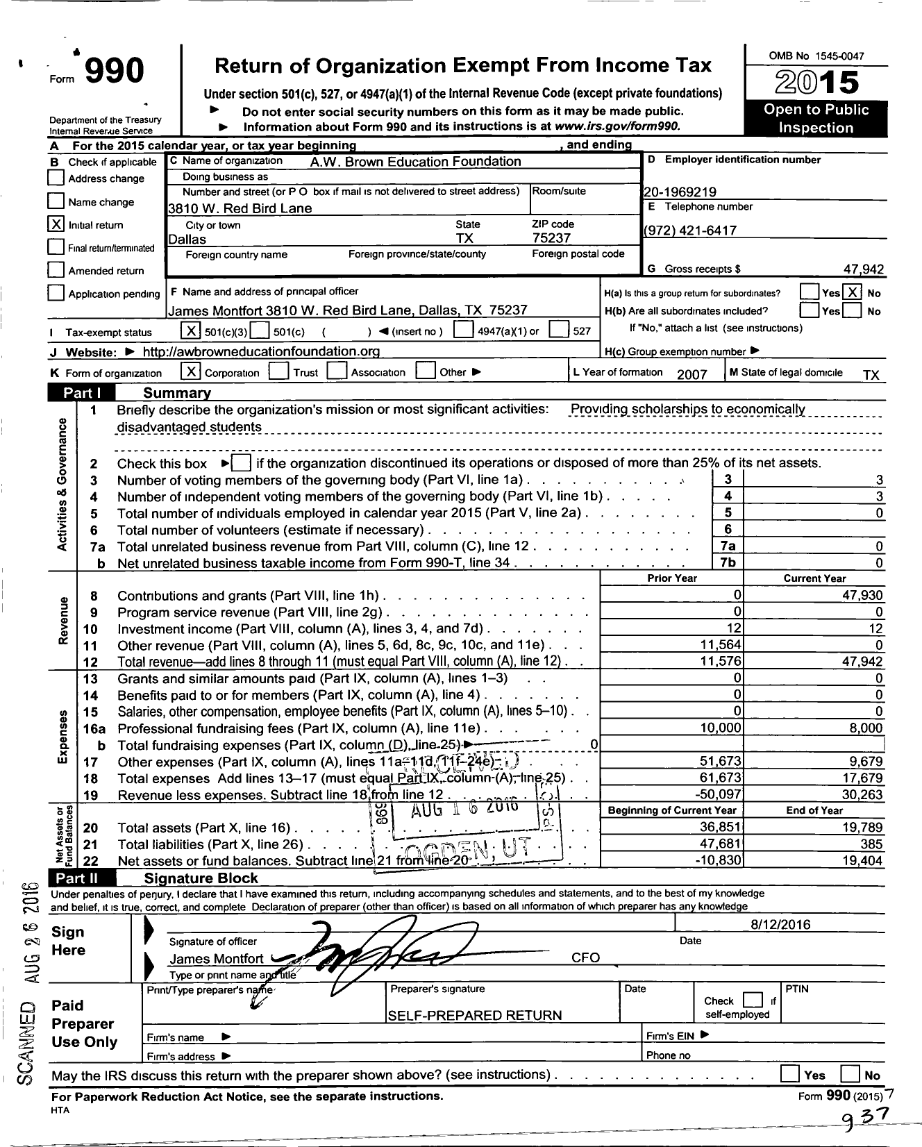 Image of first page of 2015 Form 990 for A W Brown Education Foundation