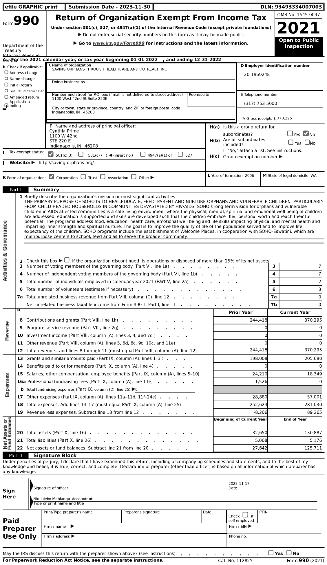 Image of first page of 2022 Form 990 for Saving Orphans Through Healthcare and Outreach