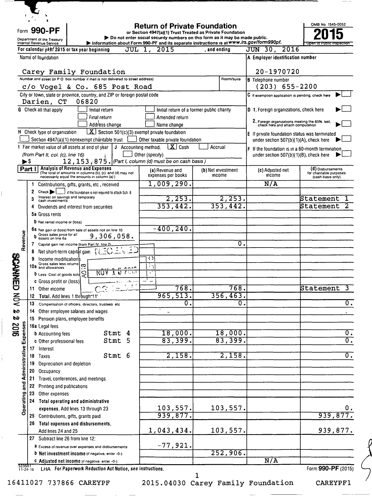 Image of first page of 2015 Form 990PF for Carey Family Foundation