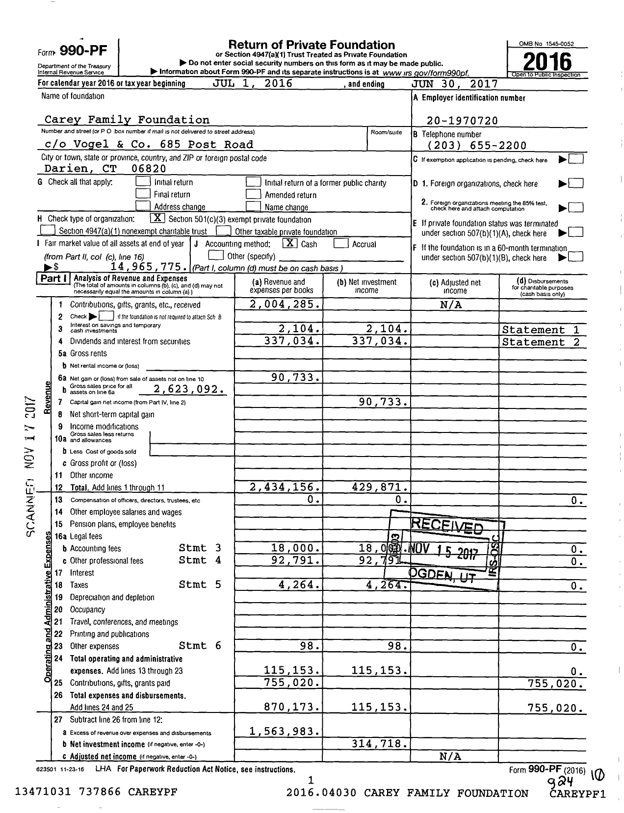 Image of first page of 2016 Form 990PF for Carey Family Foundation
