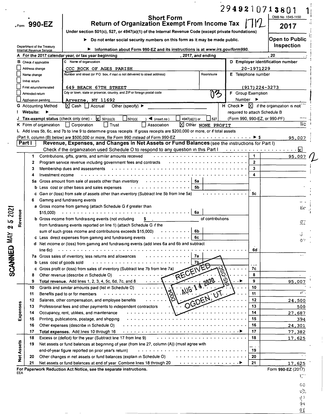 Image of first page of 2017 Form 990EZ for Celestial Church of Christ Rock of Ages Parish