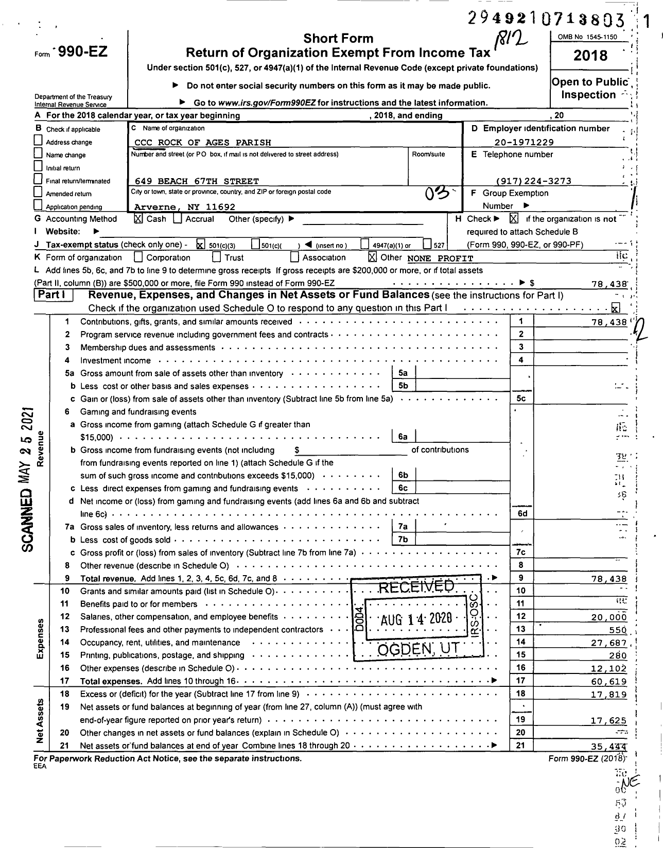 Image of first page of 2018 Form 990EZ for Celestial Church of Christ Rock of Ages Parish