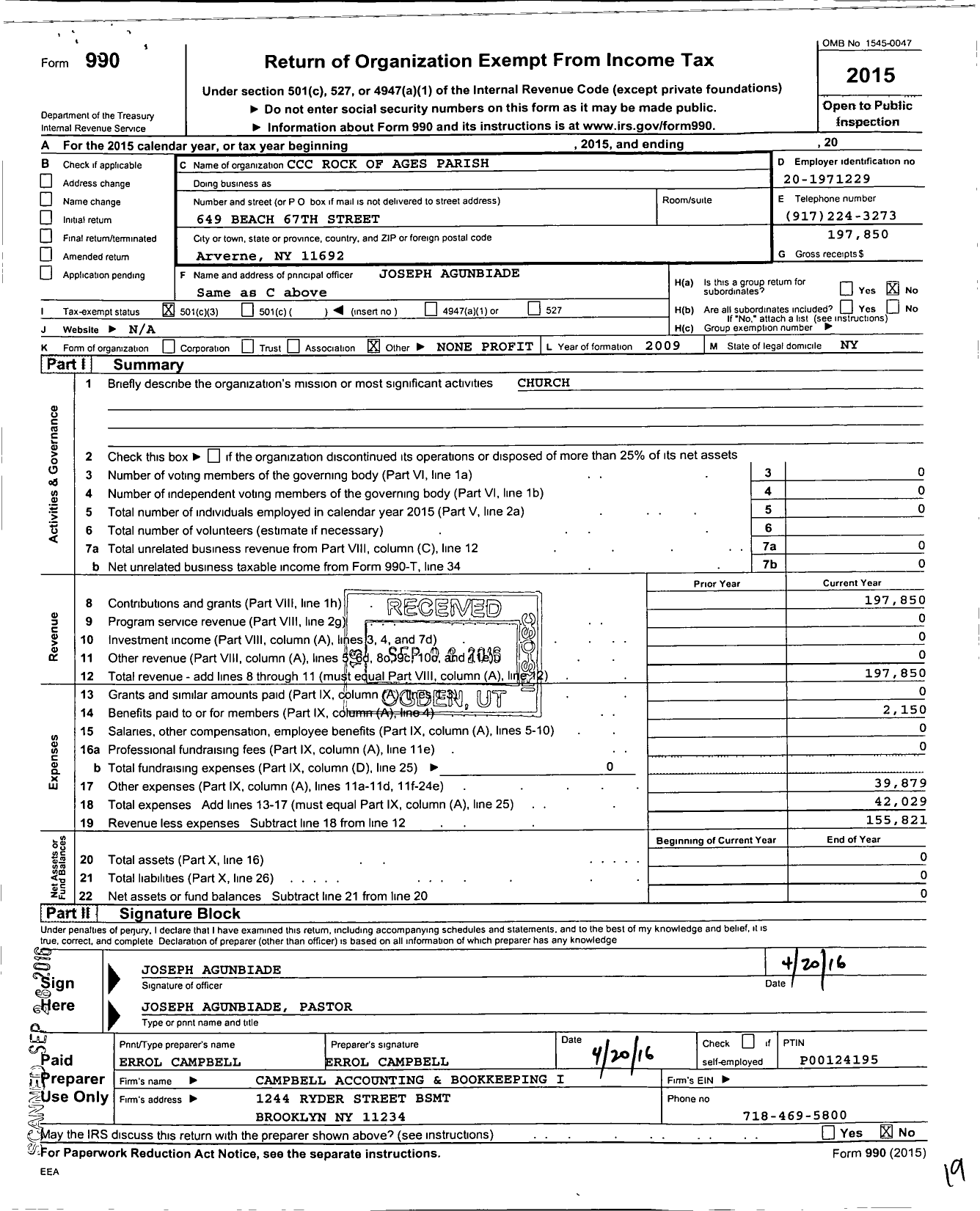 Image of first page of 2015 Form 990 for Celestial Church of Christ Rock of Ages Parish