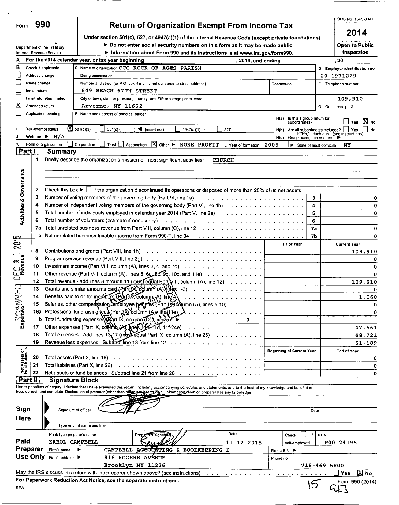 Image of first page of 2014 Form 990 for Celestial Church of Christ Rock of Ages Parish