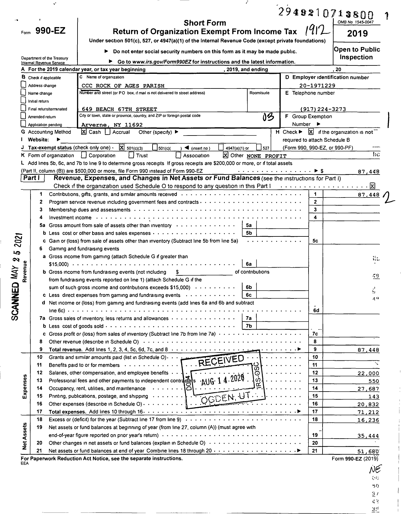 Image of first page of 2019 Form 990EZ for Celestial Church of Christ Rock of Ages Parish