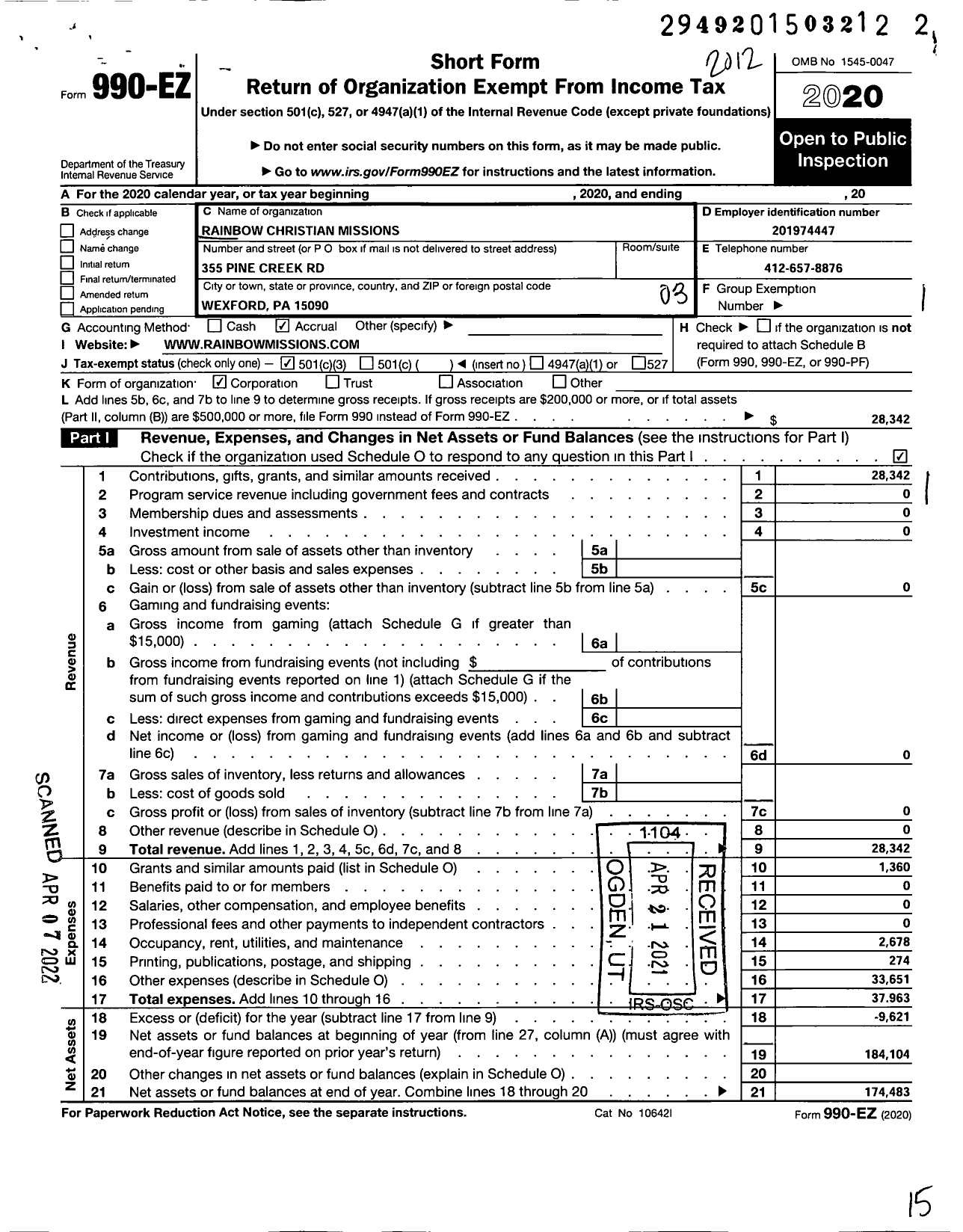 Image of first page of 2020 Form 990EZ for Rainbow Christian Missions