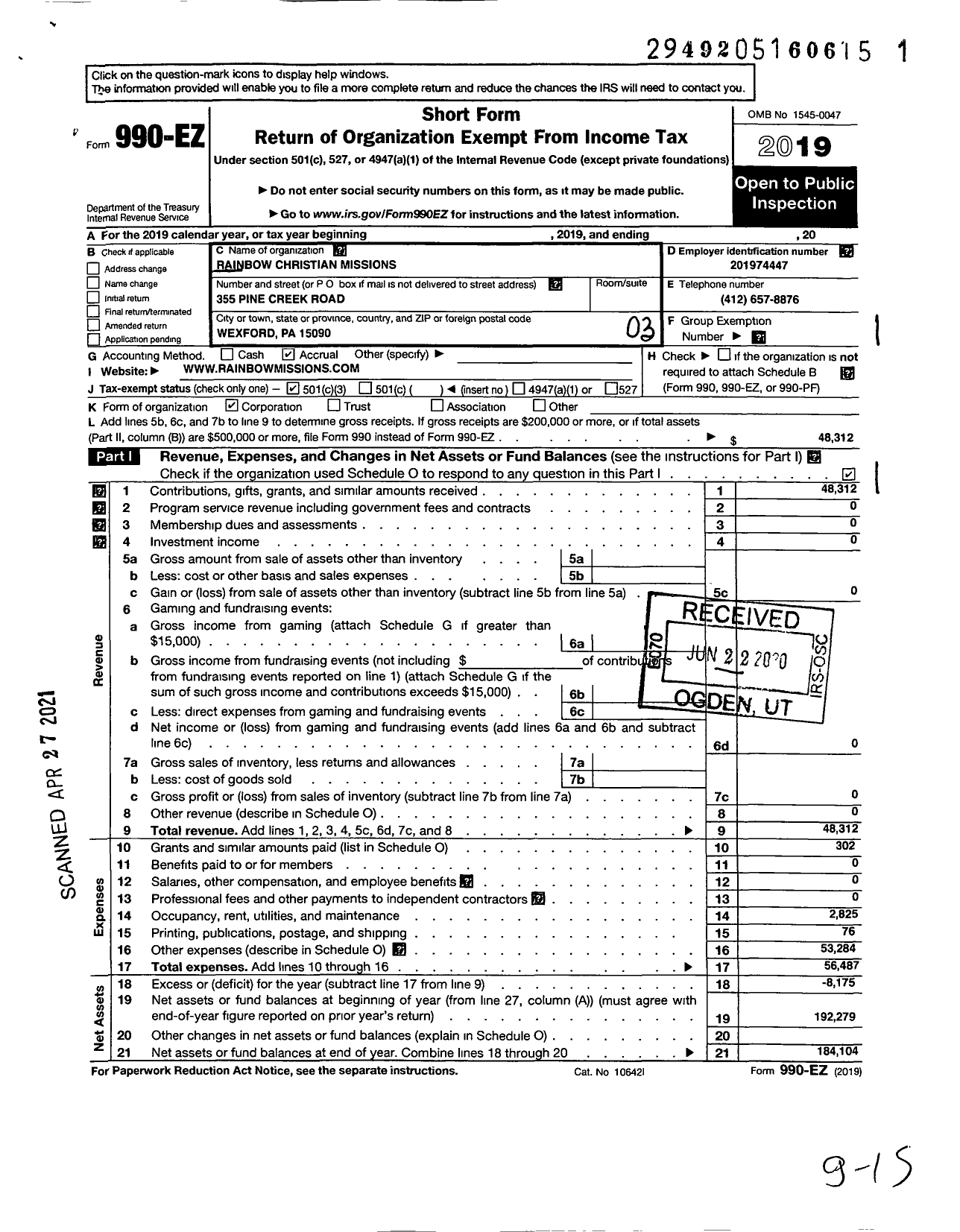 Image of first page of 2019 Form 990EZ for Rainbow Christian Missions