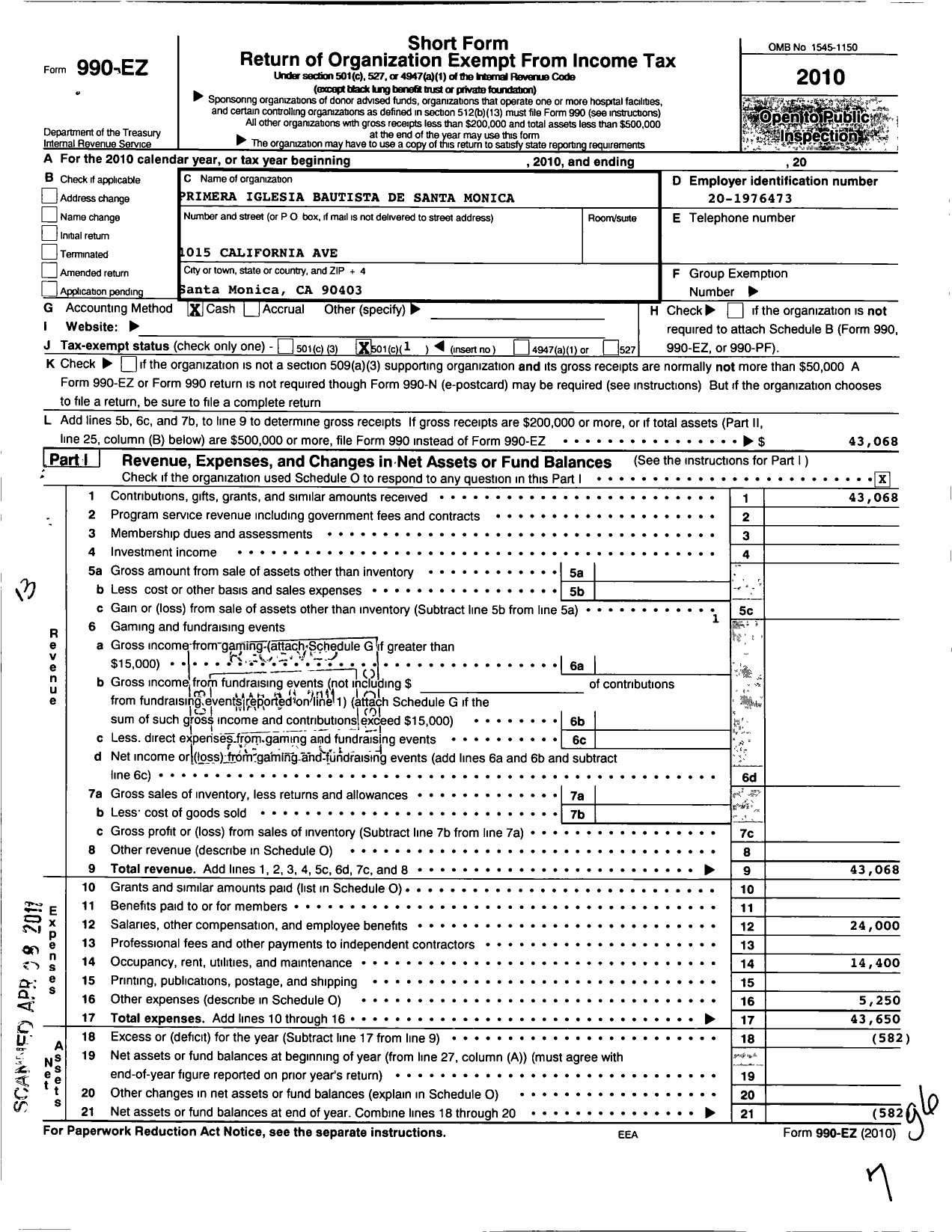 Image of first page of 2010 Form 990EO for Primera Iglesia Bautista de Santa Monica