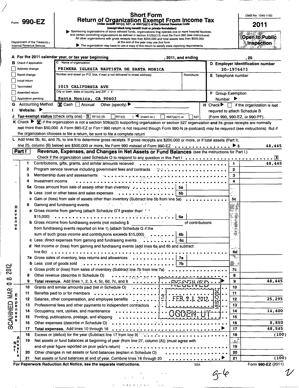 Image of first page of 2011 Form 990EZ for Primera Iglesia Bautista de Santa Monica