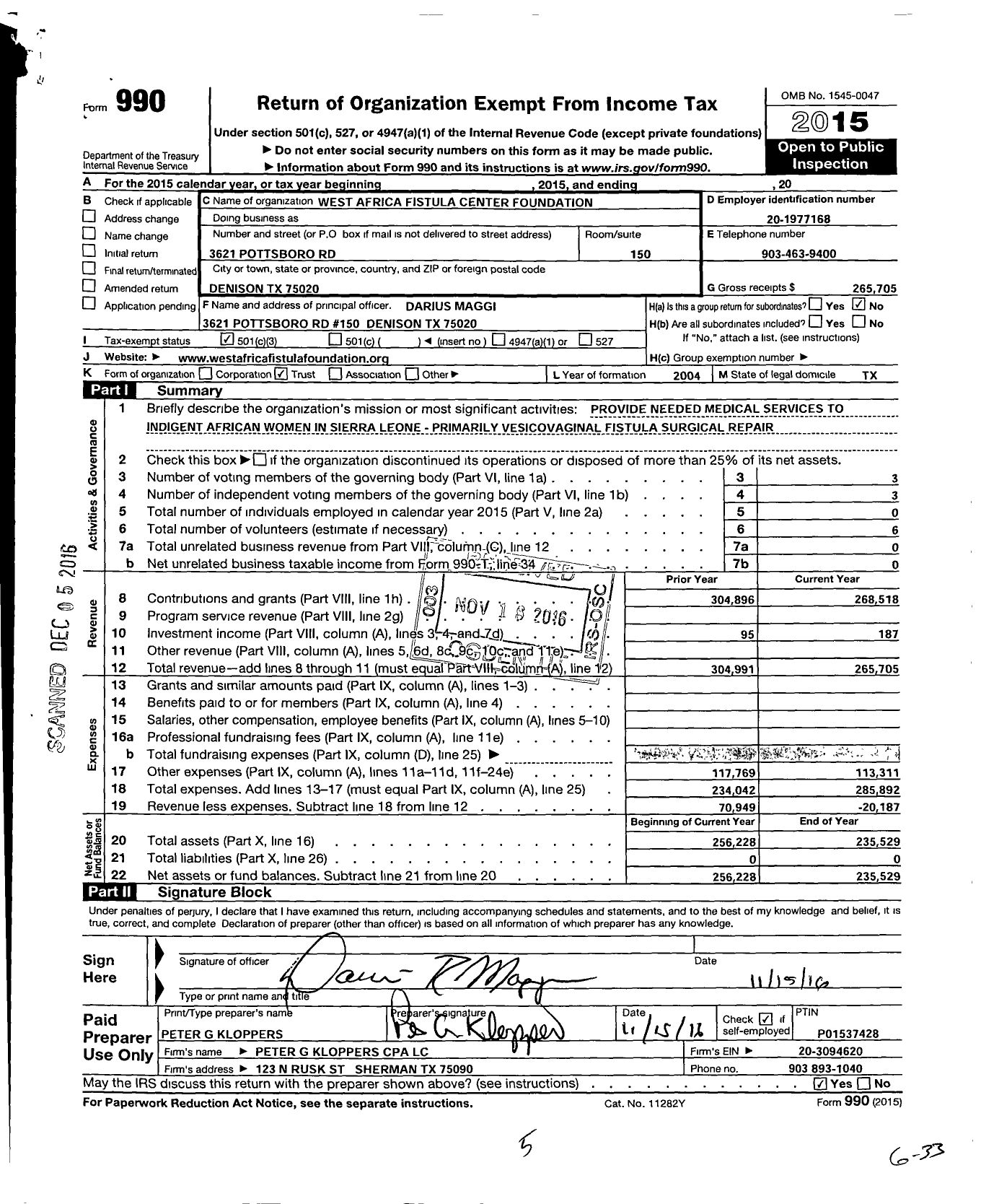 Image of first page of 2015 Form 990 for West Africa Fistula Center Foundation