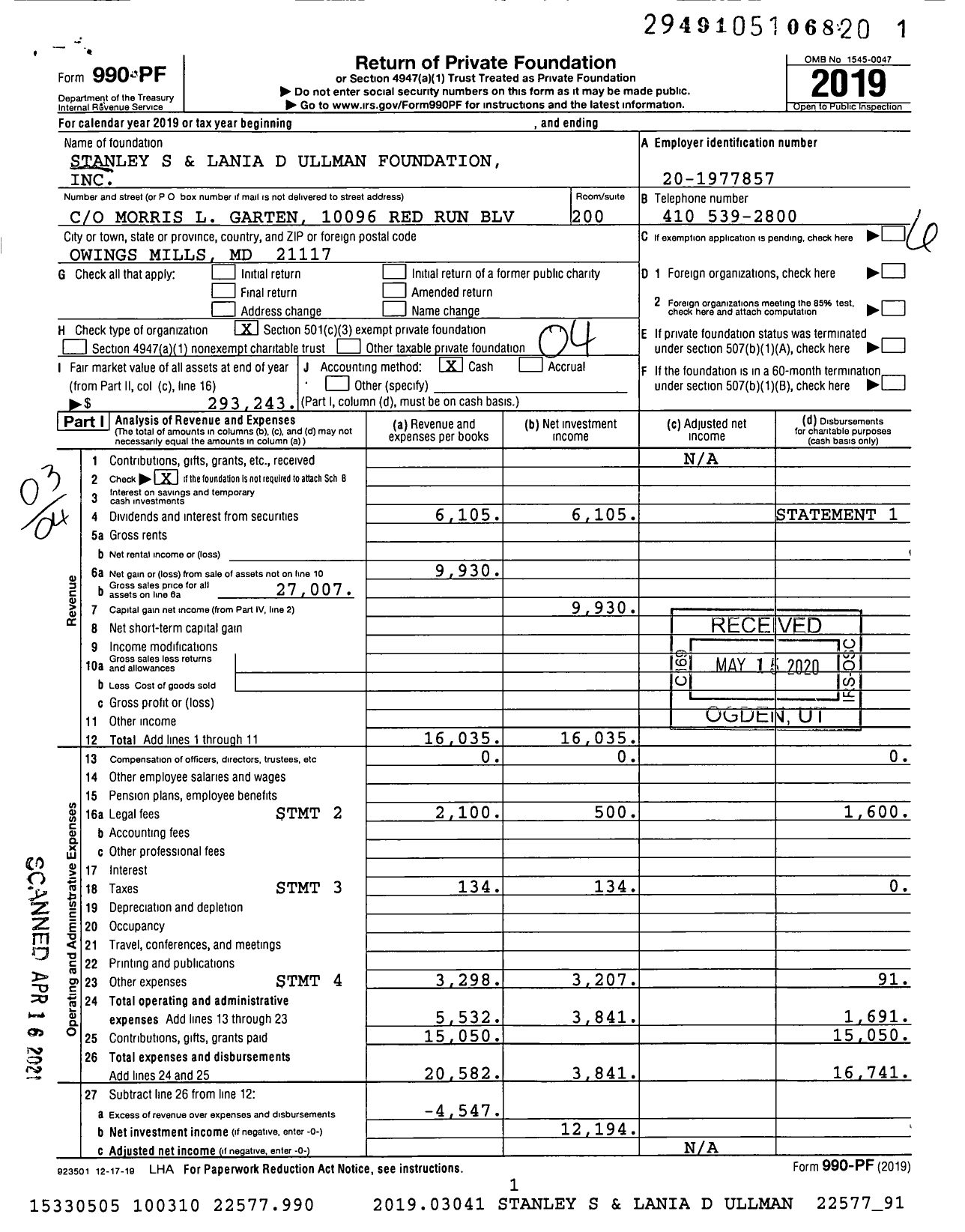 Image of first page of 2019 Form 990PF for Stanley S and Lania D Ullman Foundation