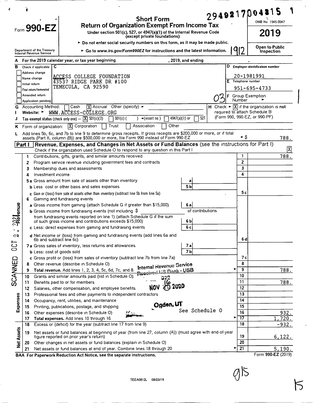 Image of first page of 2019 Form 990EZ for Access College Foundation