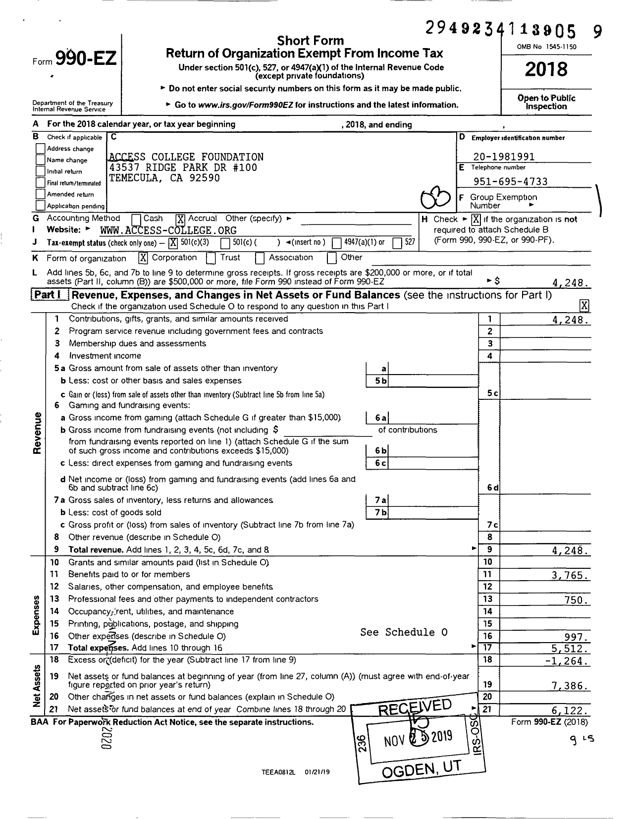 Image of first page of 2018 Form 990EZ for Access College Foundation