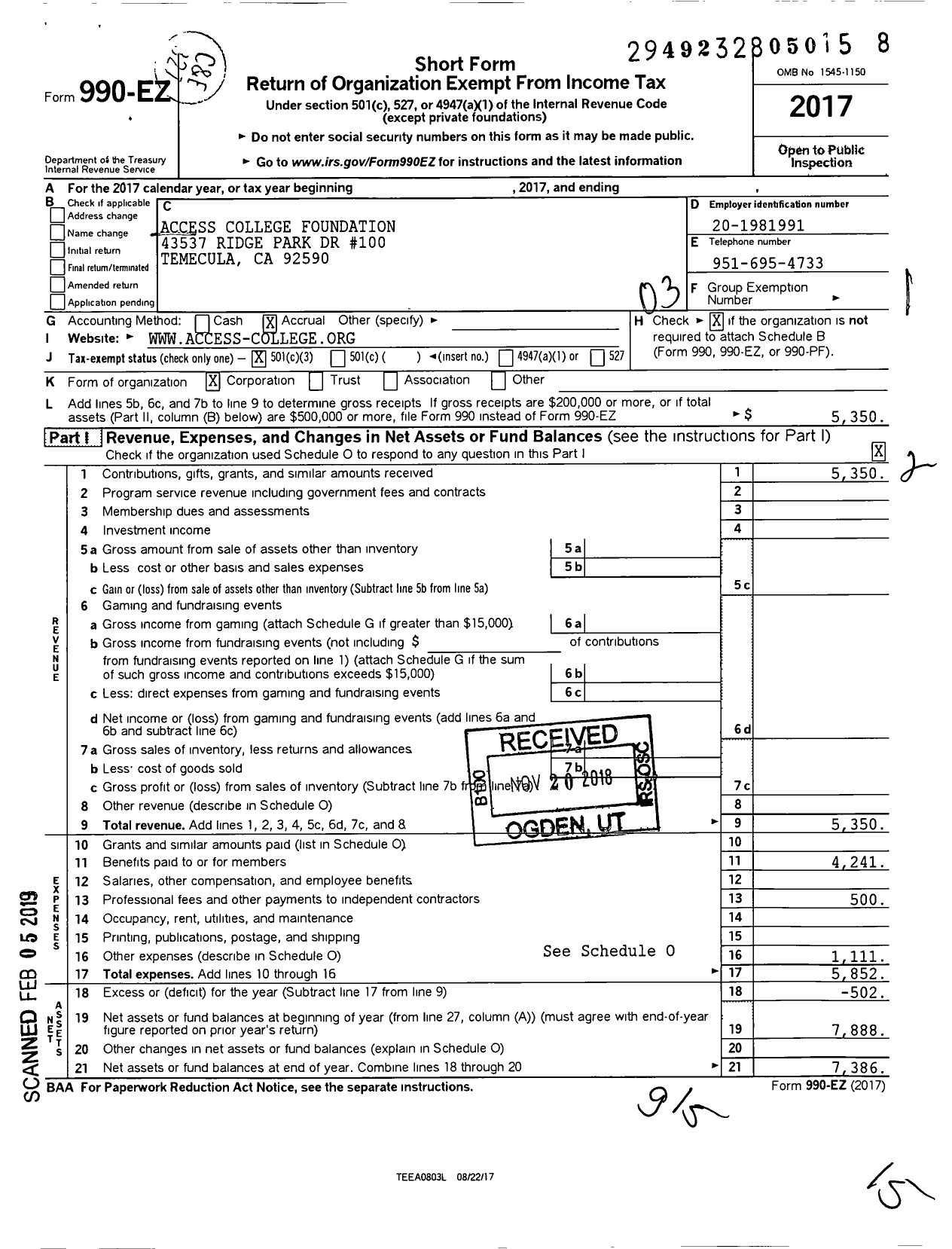 Image of first page of 2017 Form 990EZ for Access College Foundation