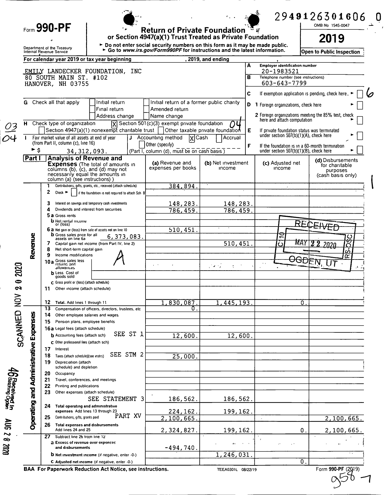 Image of first page of 2019 Form 990PF for Emily Landecker Foundation