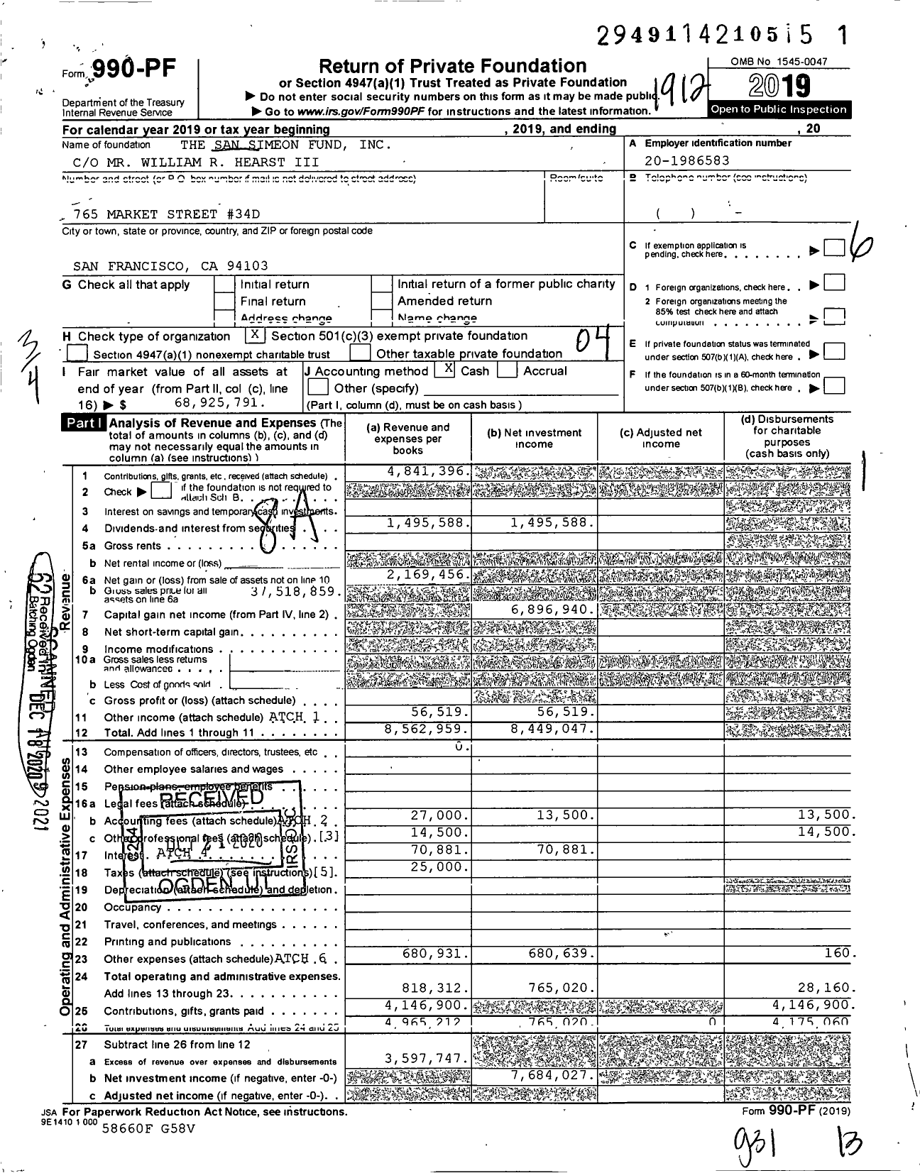 Image of first page of 2019 Form 990PF for The San Simeon Fund