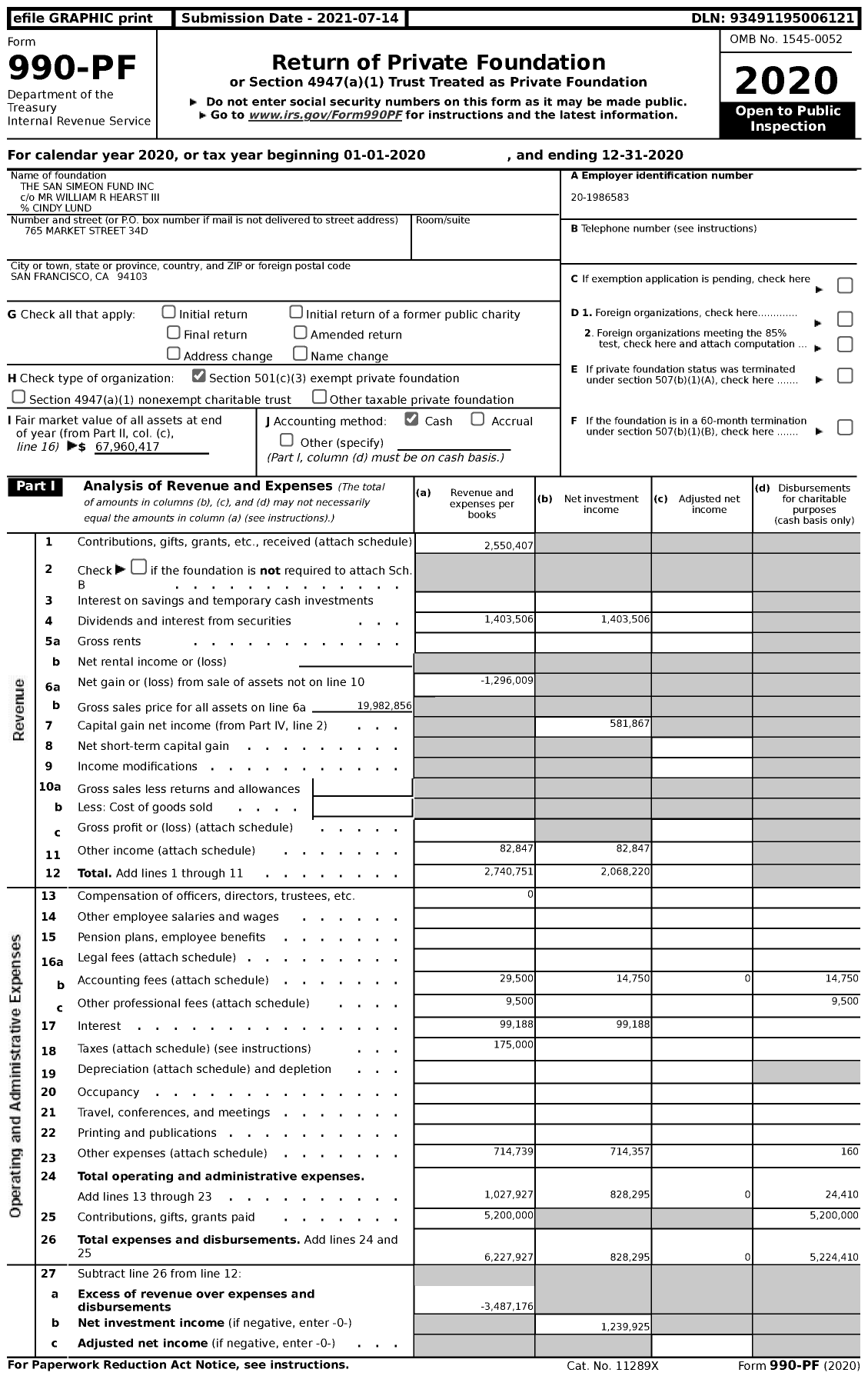 Image of first page of 2020 Form 990PF for The San Simeon Fund
