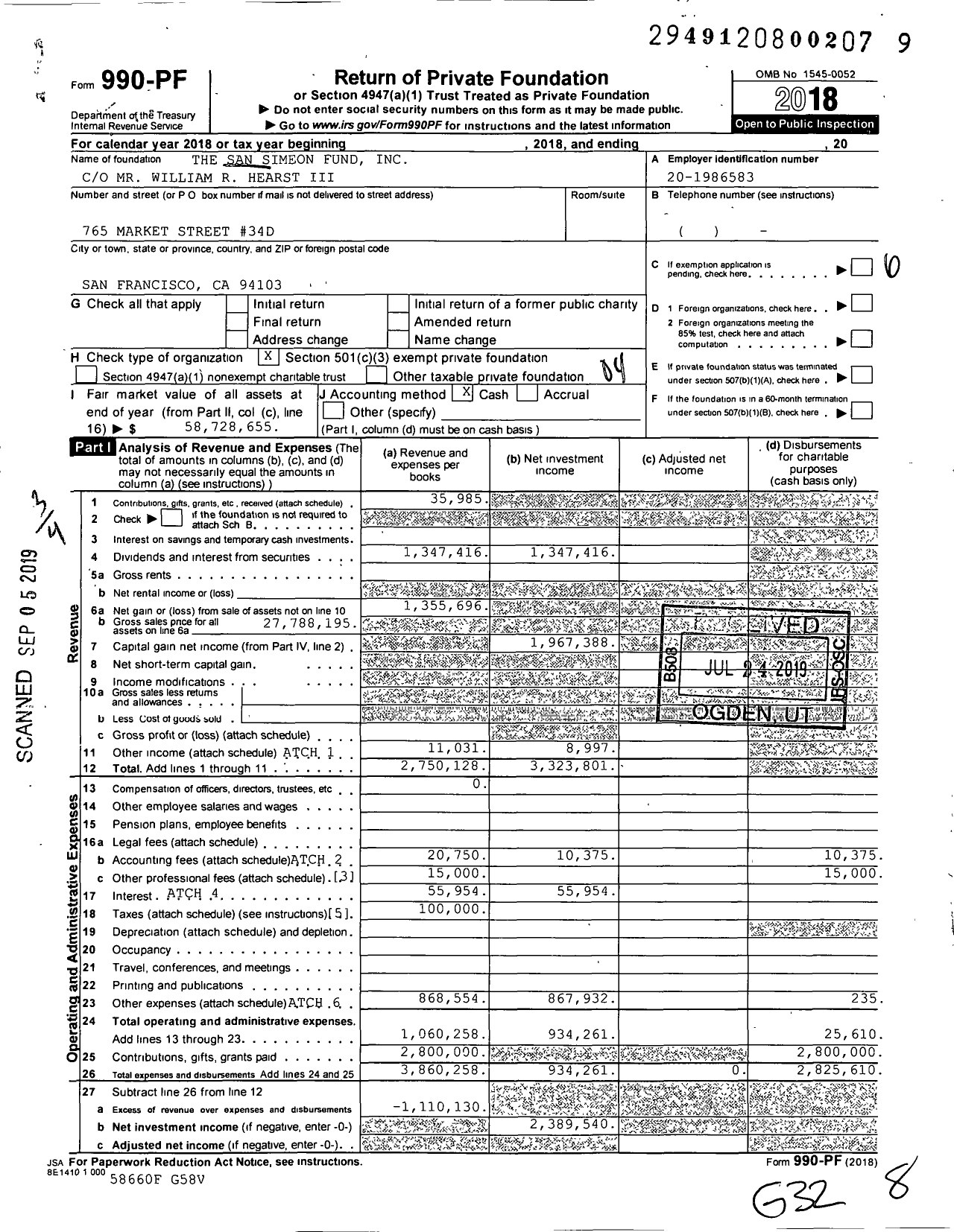 Image of first page of 2018 Form 990PF for The San Simeon Fund