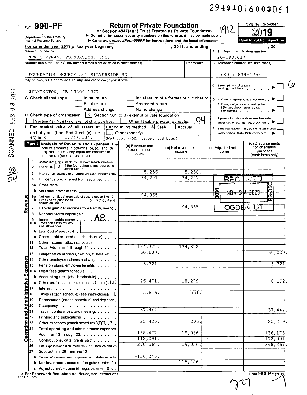 Image of first page of 2019 Form 990PF for New Covenant Foundation