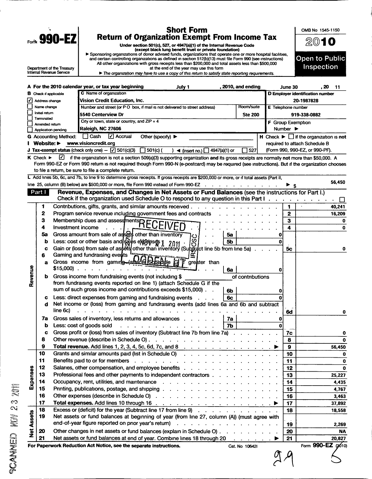 Image of first page of 2010 Form 990EZ for Vision Credit Education