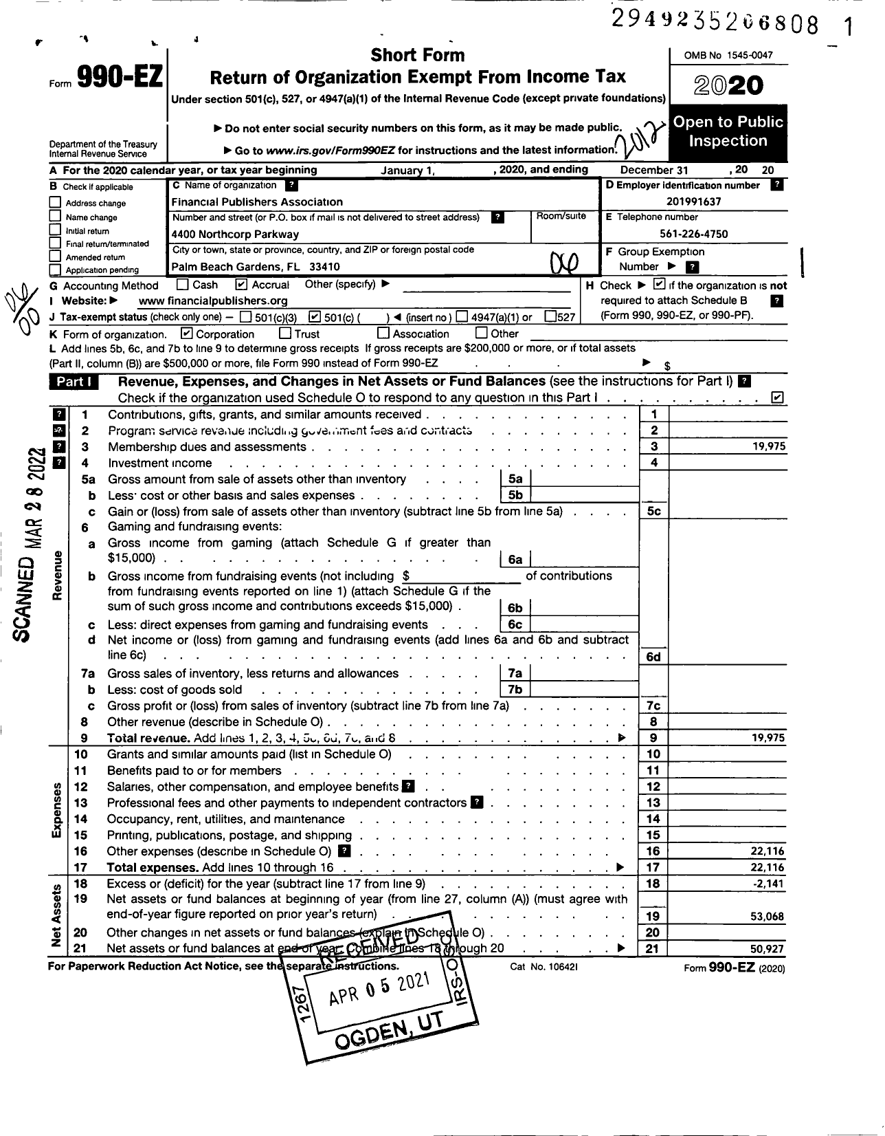 Image of first page of 2020 Form 990EO for Financial Publishers Association