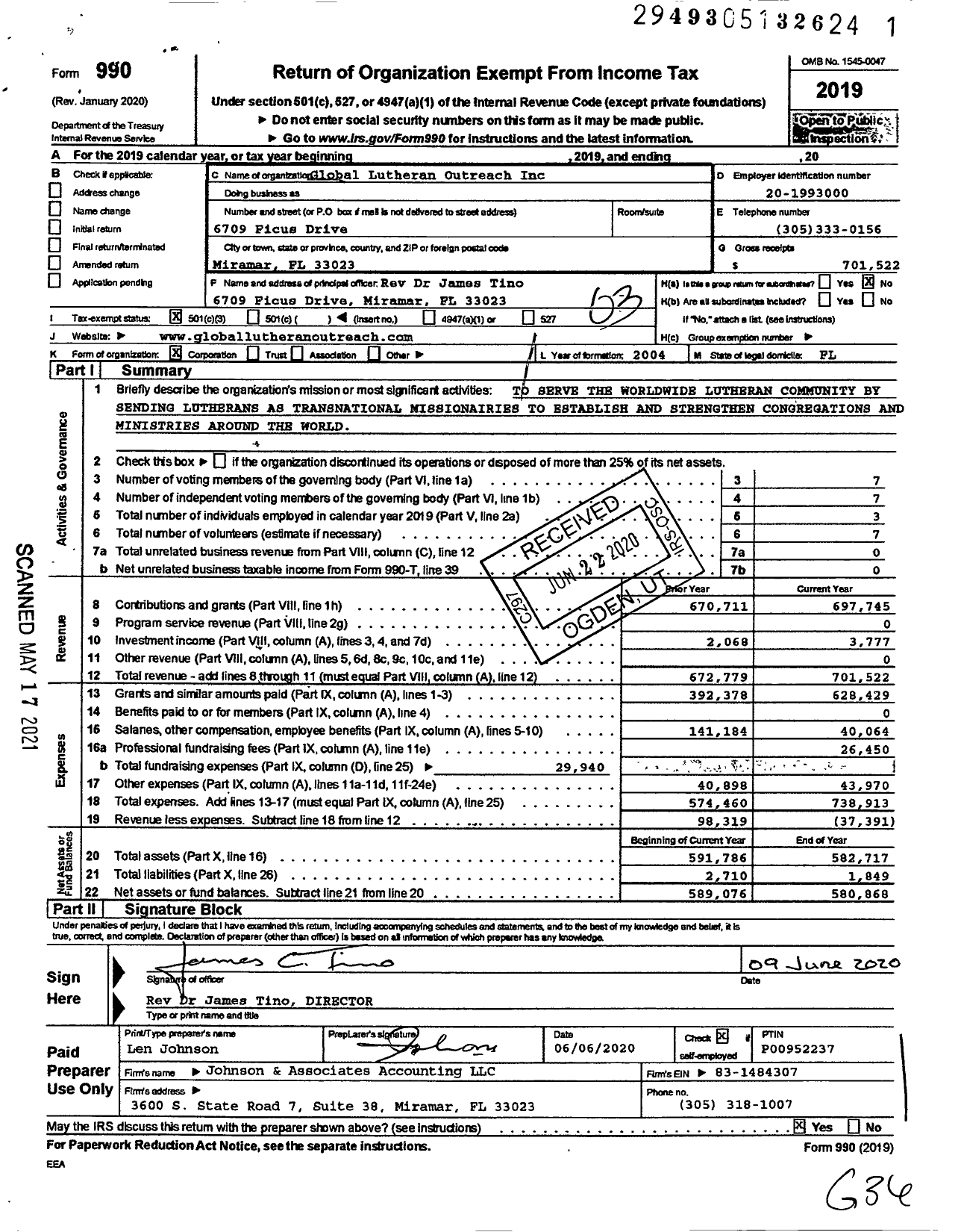 Image of first page of 2019 Form 990 for Global Lutheran Outreach