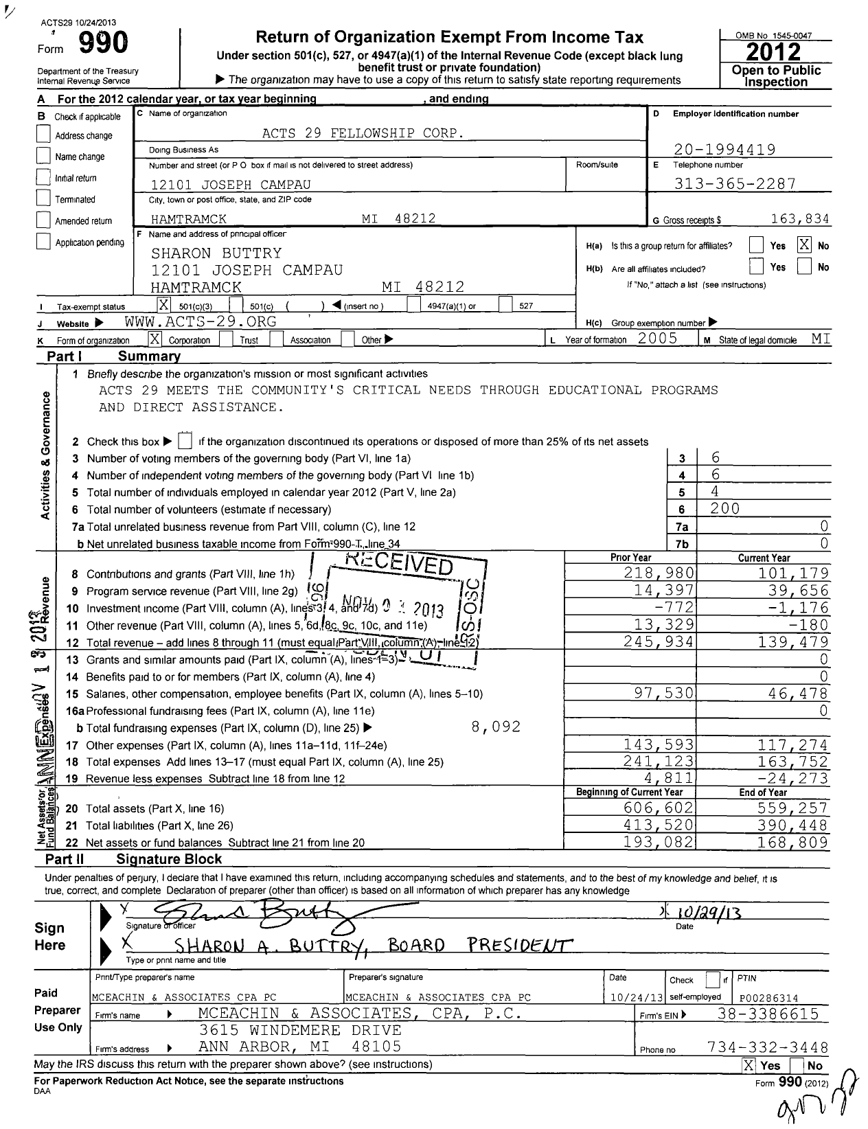 Image of first page of 2012 Form 990 for Acts 29 Fellowship Corporation