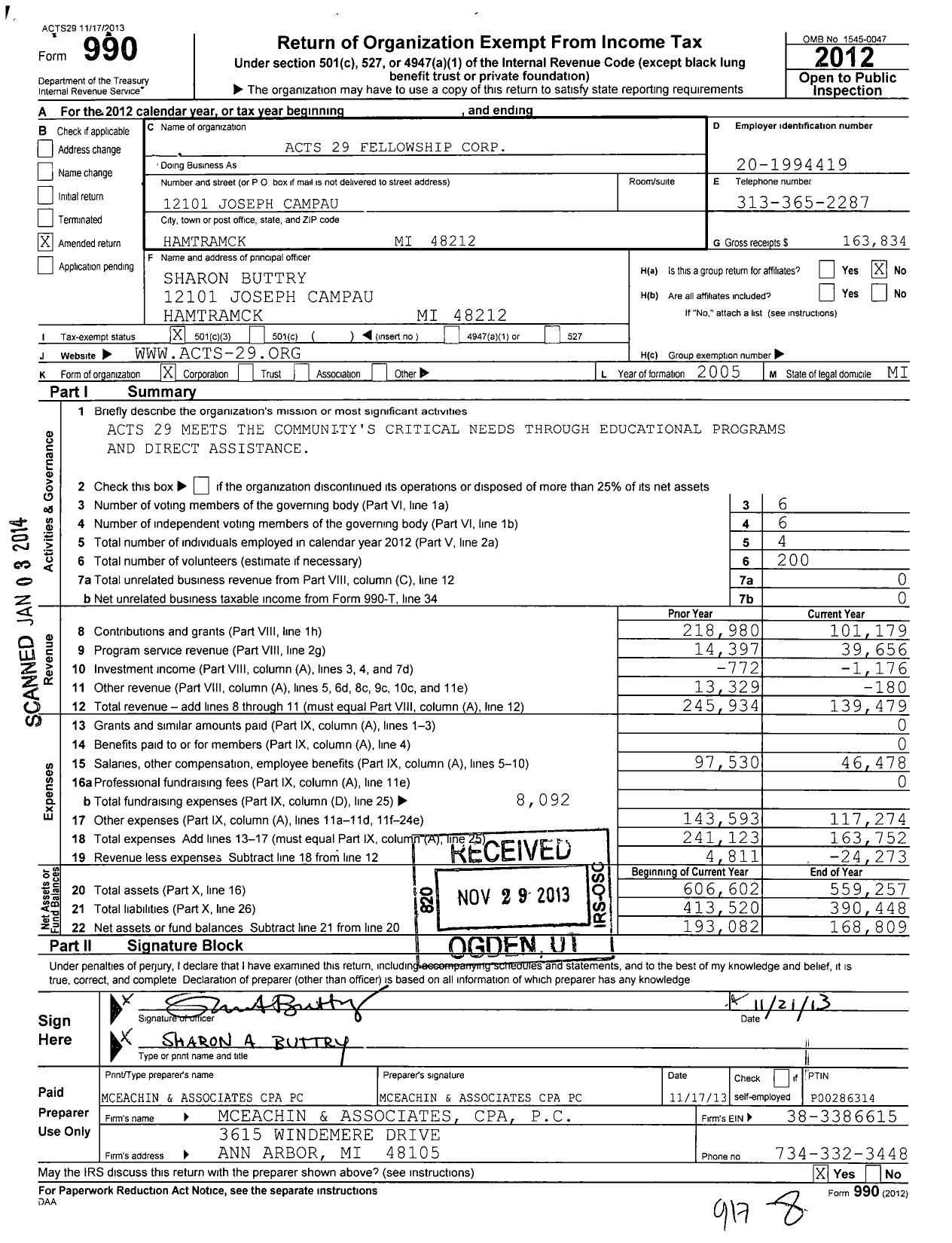 Image of first page of 2012 Form 990 for Acts 29 Fellowship Corporation