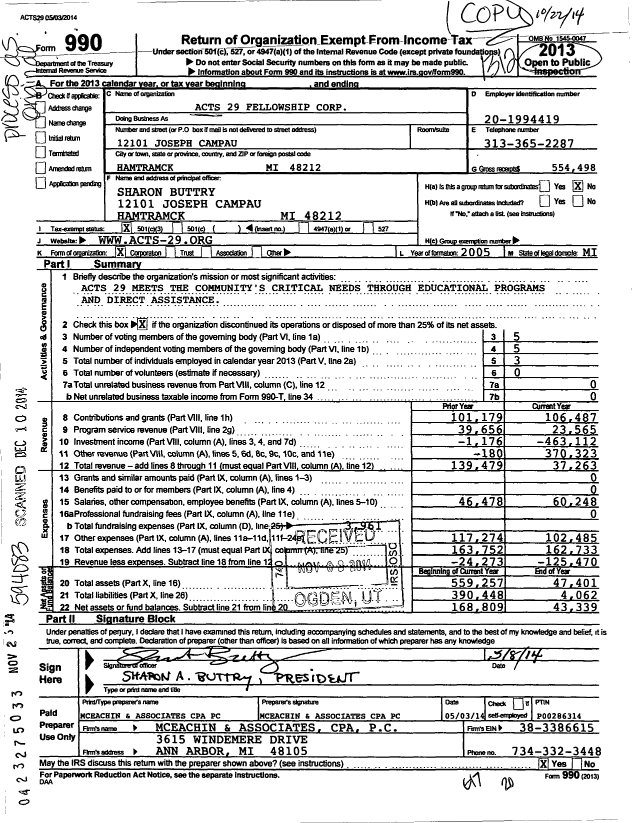 Image of first page of 2013 Form 990 for Acts 29 Fellowship Corporation