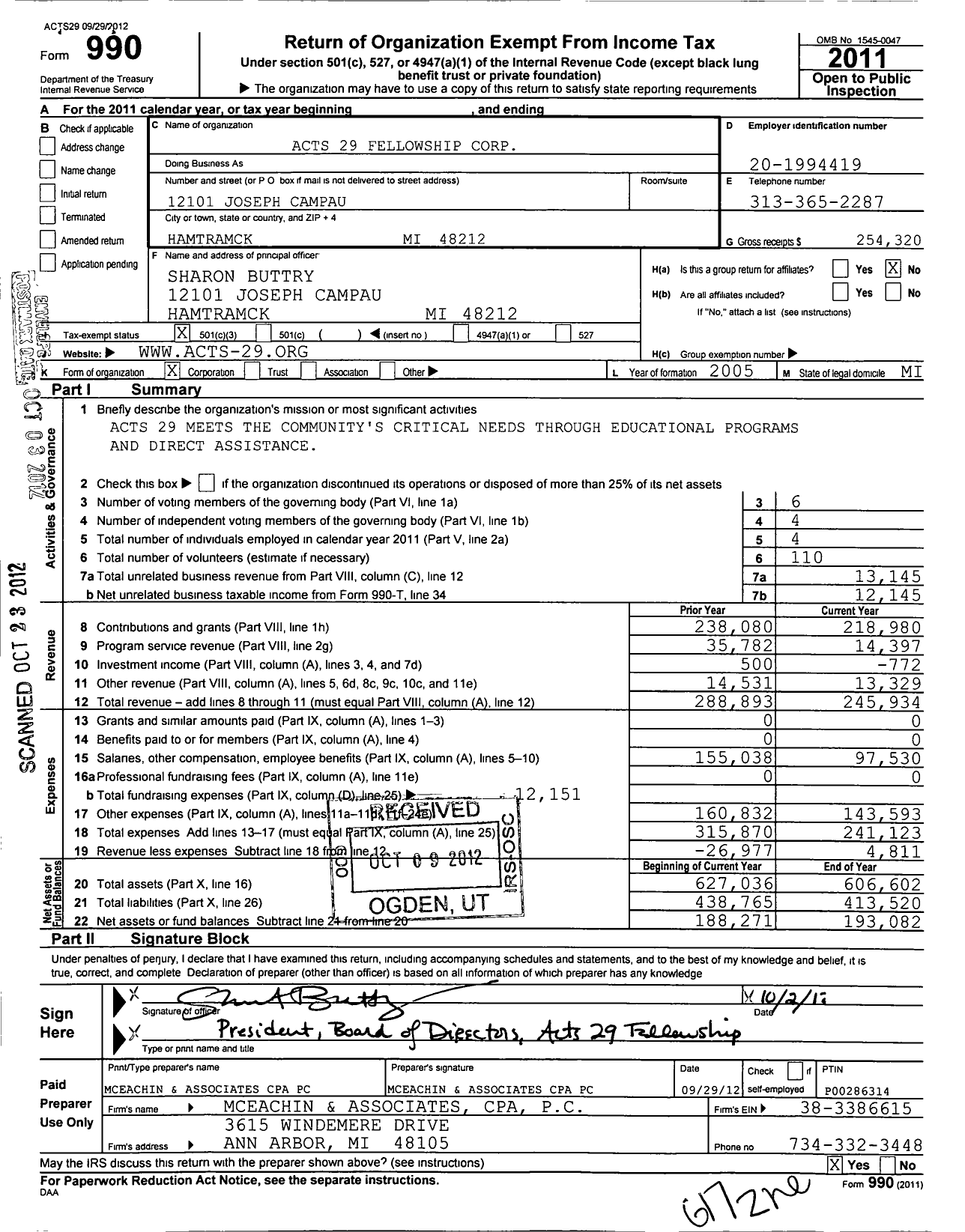 Image of first page of 2011 Form 990 for Acts 29 Fellowship Corporation