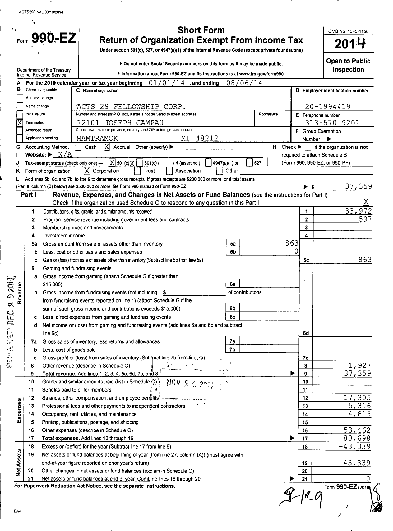 Image of first page of 2013 Form 990EZ for Acts 29 Fellowship Corporation