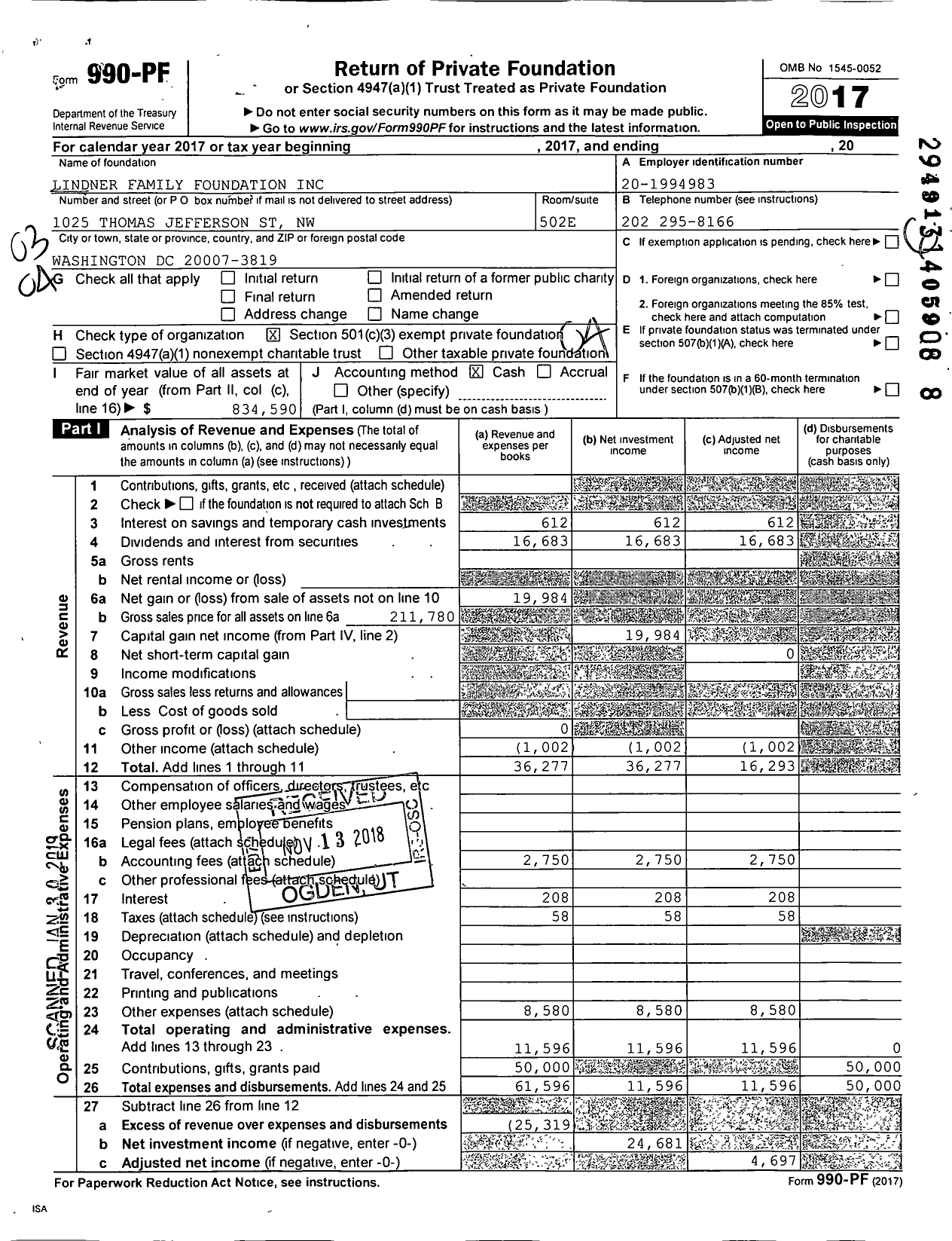 Image of first page of 2017 Form 990PF for Lindner Family Foundation