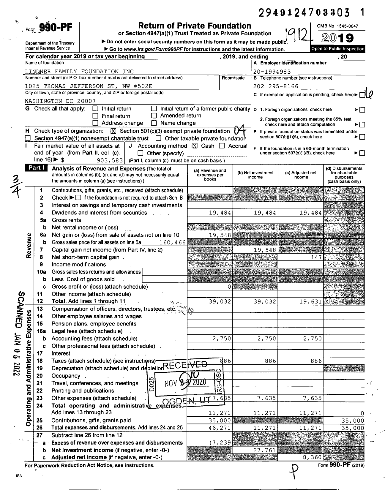 Image of first page of 2019 Form 990PF for Lindner Family Foundation