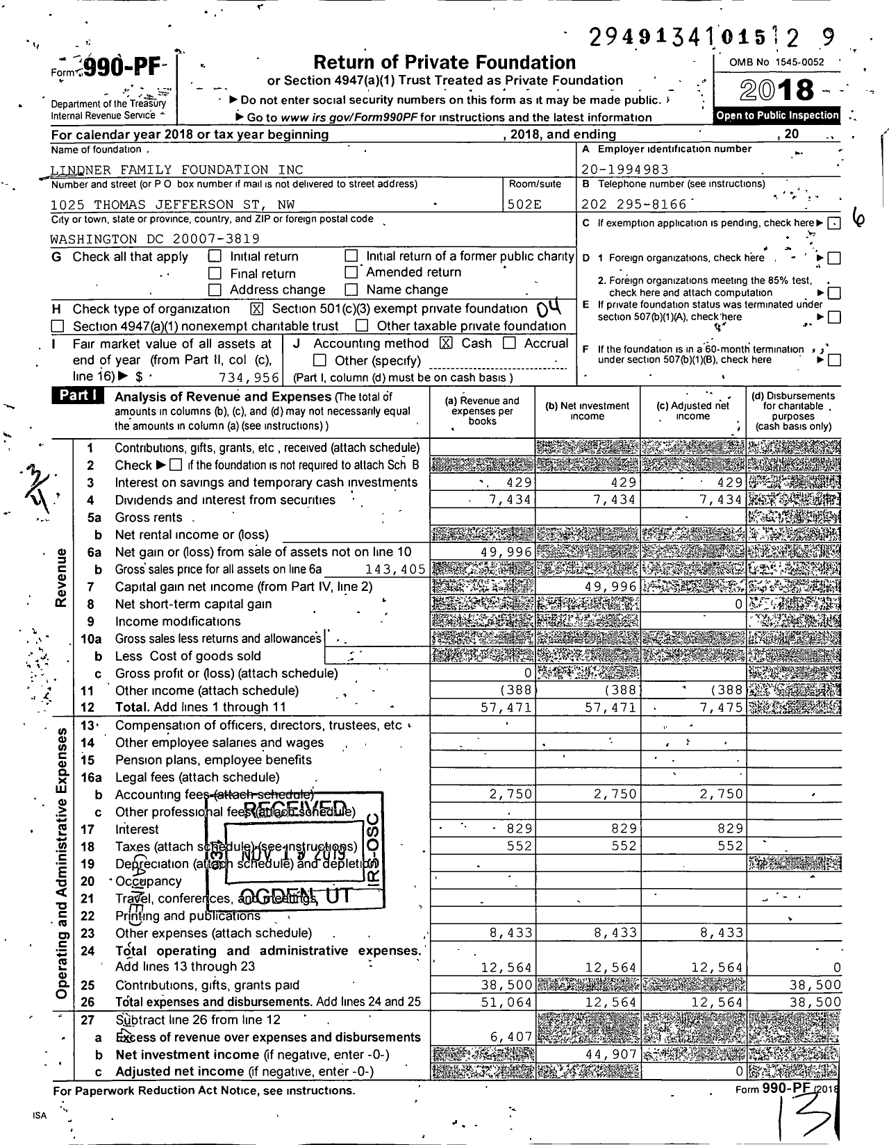 Image of first page of 2018 Form 990PF for Lindner Family Foundation