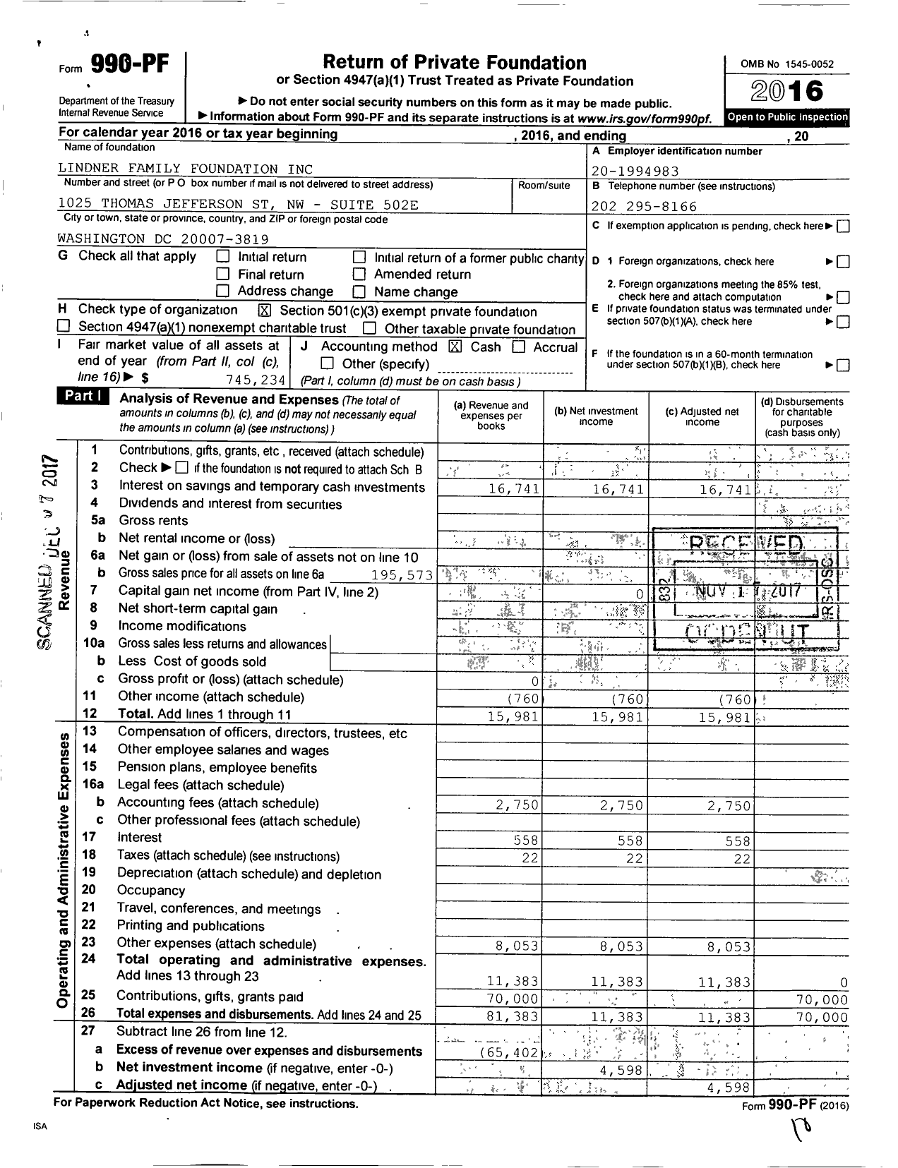 Image of first page of 2016 Form 990PF for Lindner Family Foundation