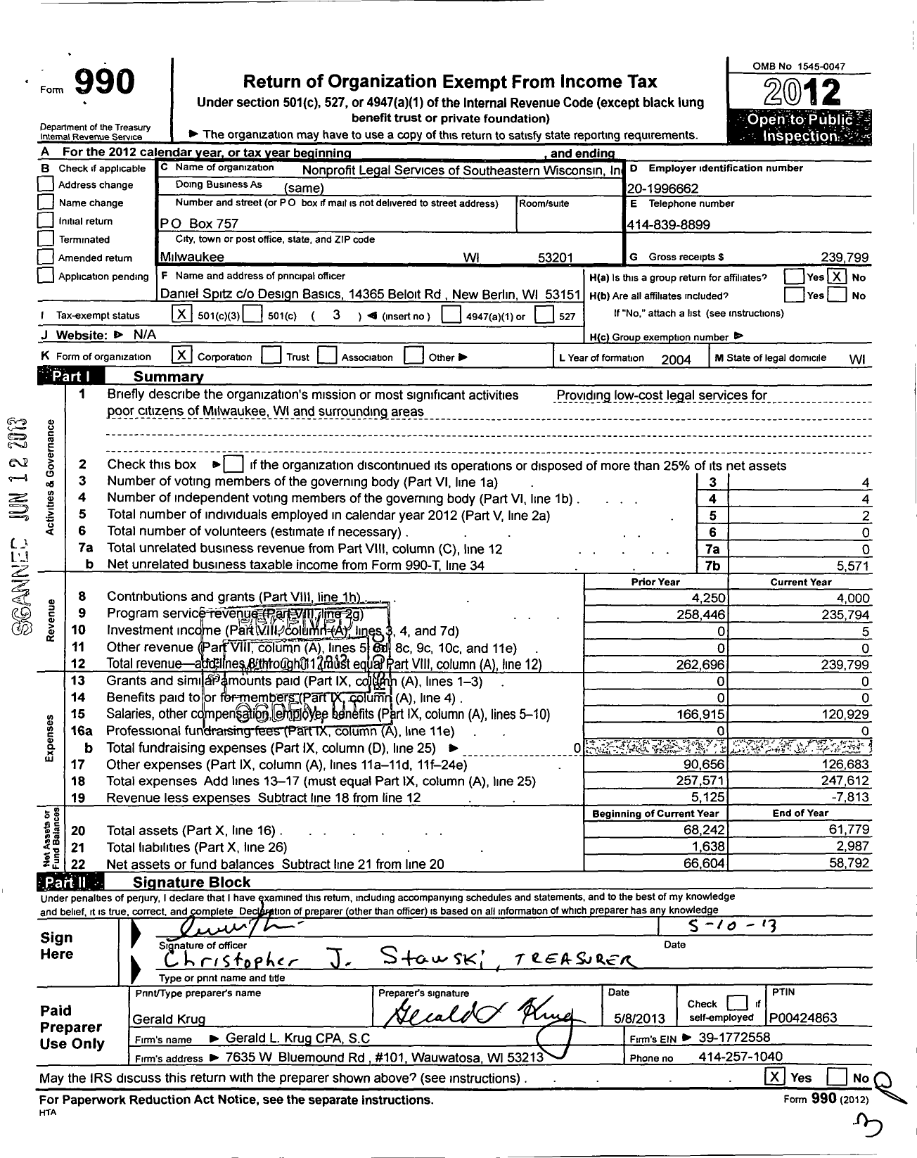 Image of first page of 2012 Form 990 for Nonprofit Legal Referral Services