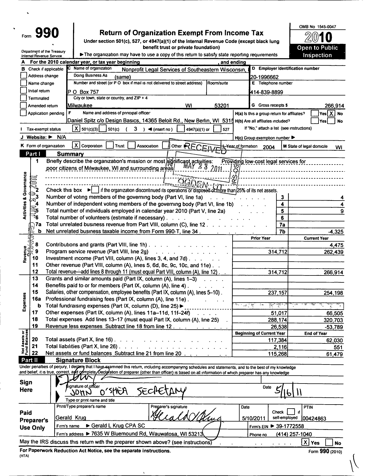 Image of first page of 2010 Form 990 for Nonprofit Legal Referral Services