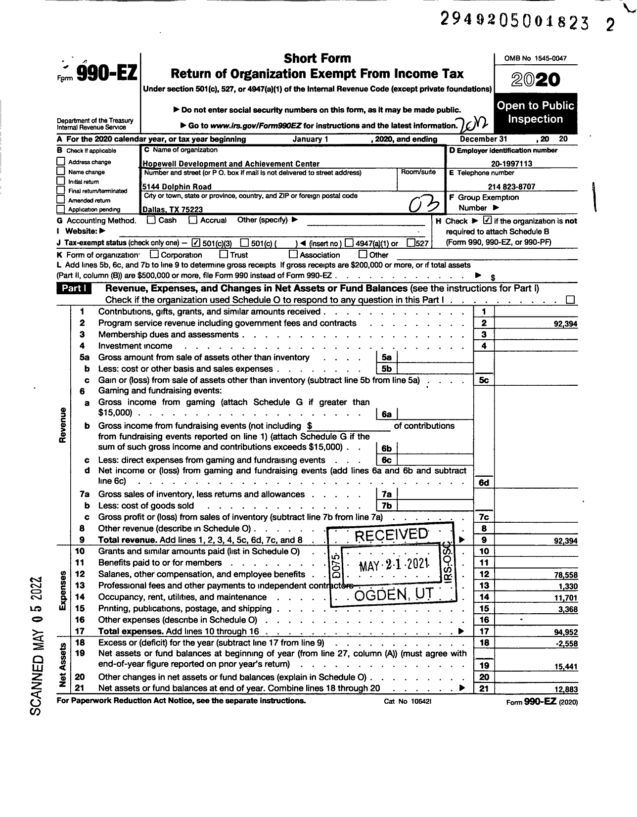 Image of first page of 2020 Form 990EZ for Hopewell Development and Achievement Center