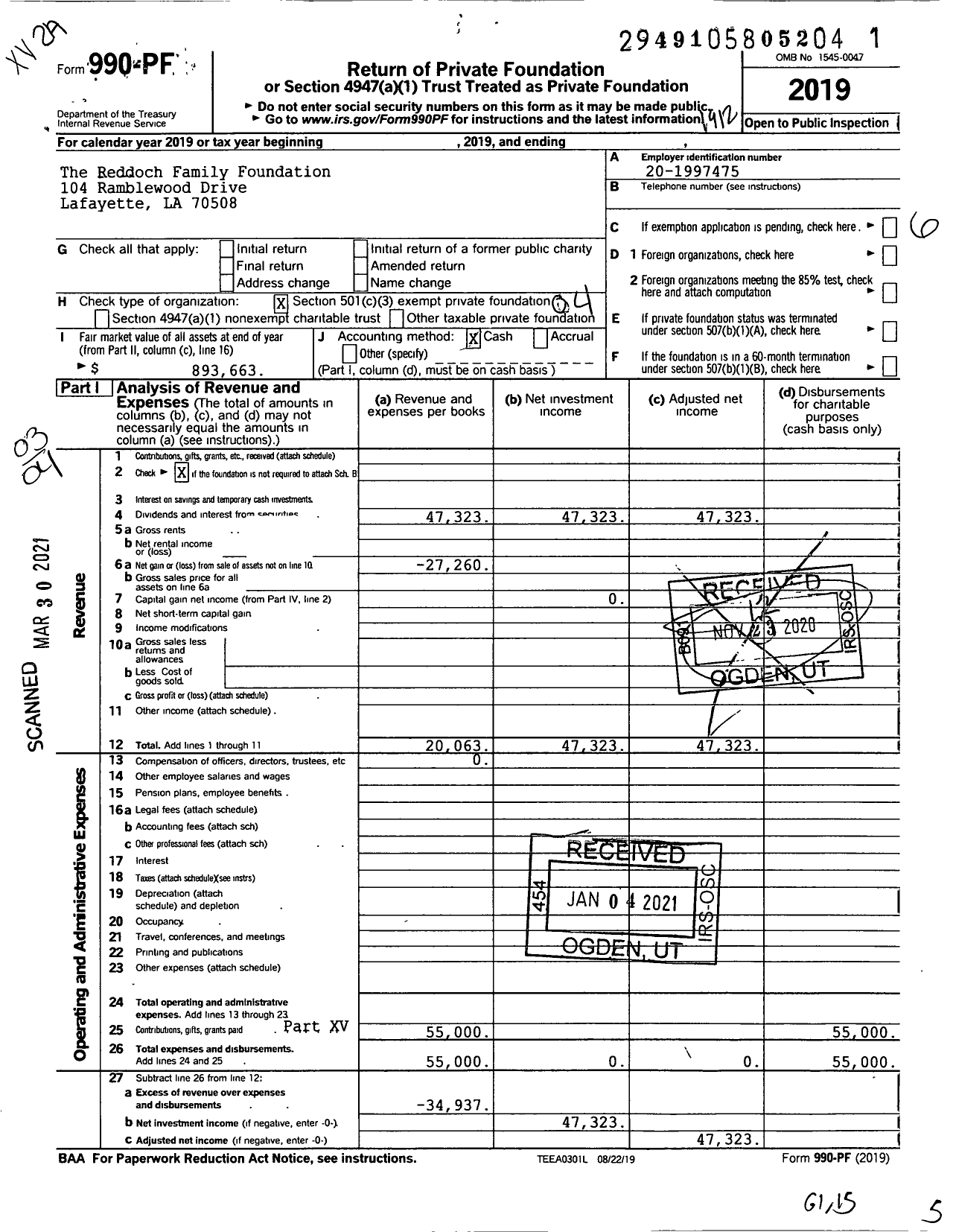 Image of first page of 2019 Form 990PF for Reddoch Family Foundation