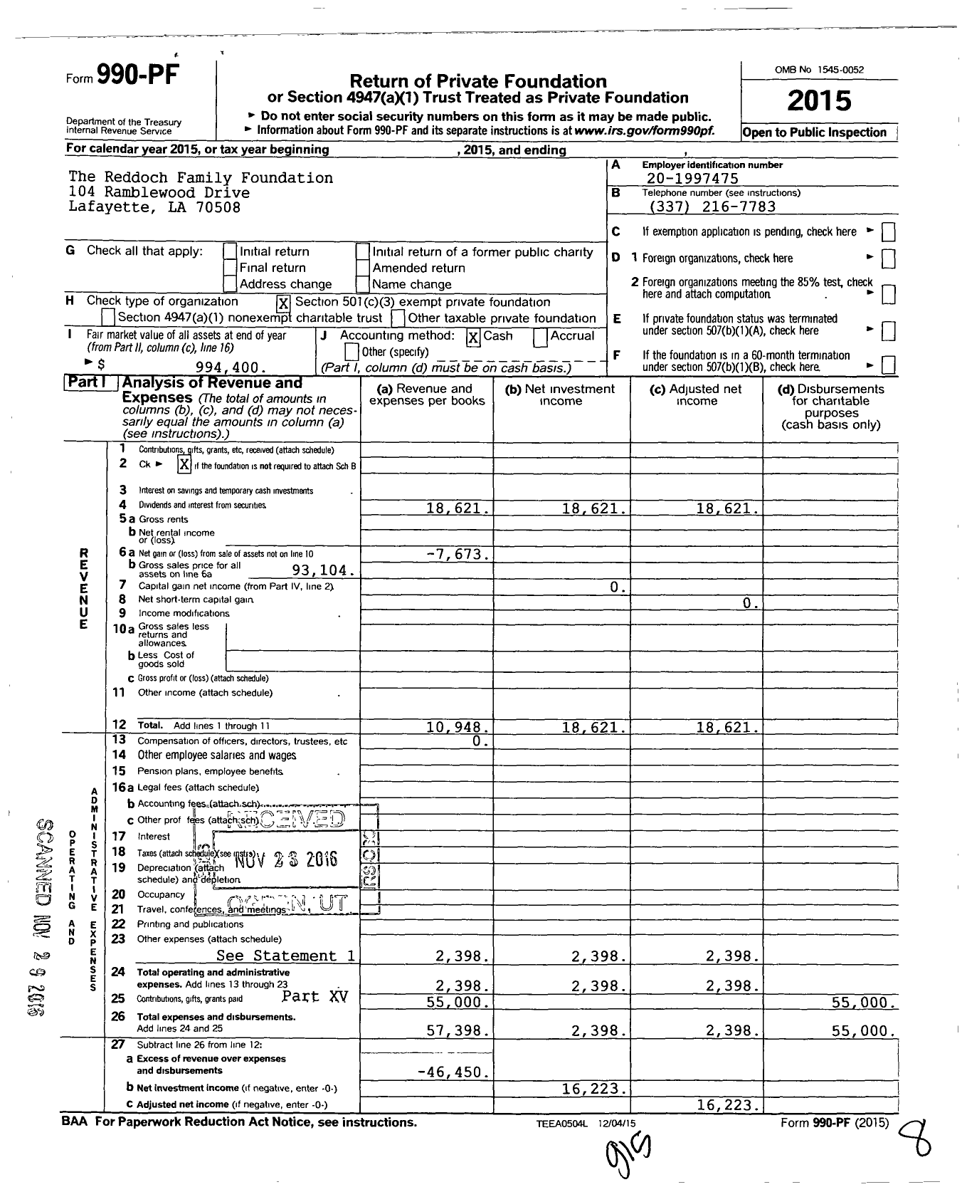 Image of first page of 2015 Form 990PF for Reddoch Family Foundation