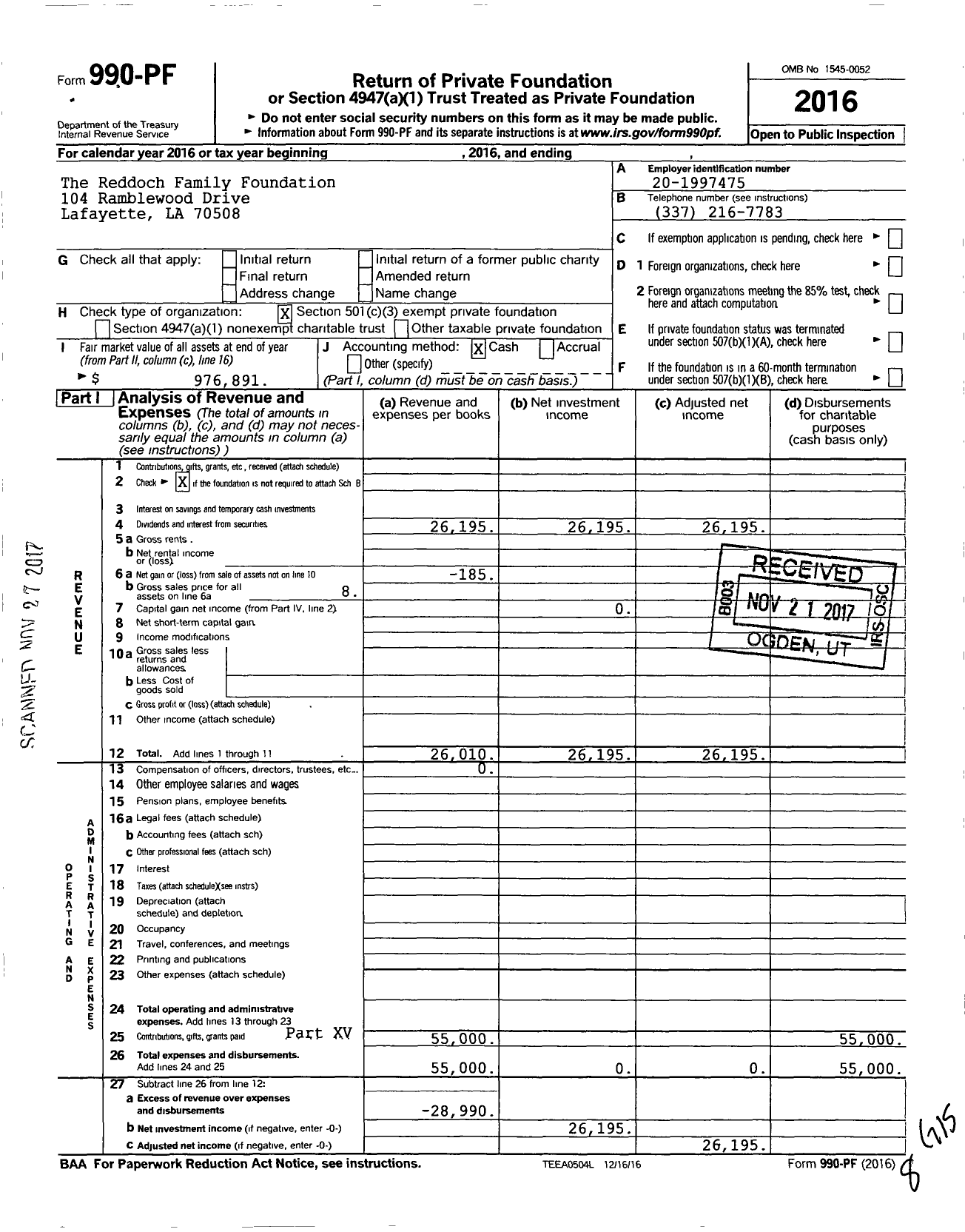 Image of first page of 2016 Form 990PF for Reddoch Family Foundation