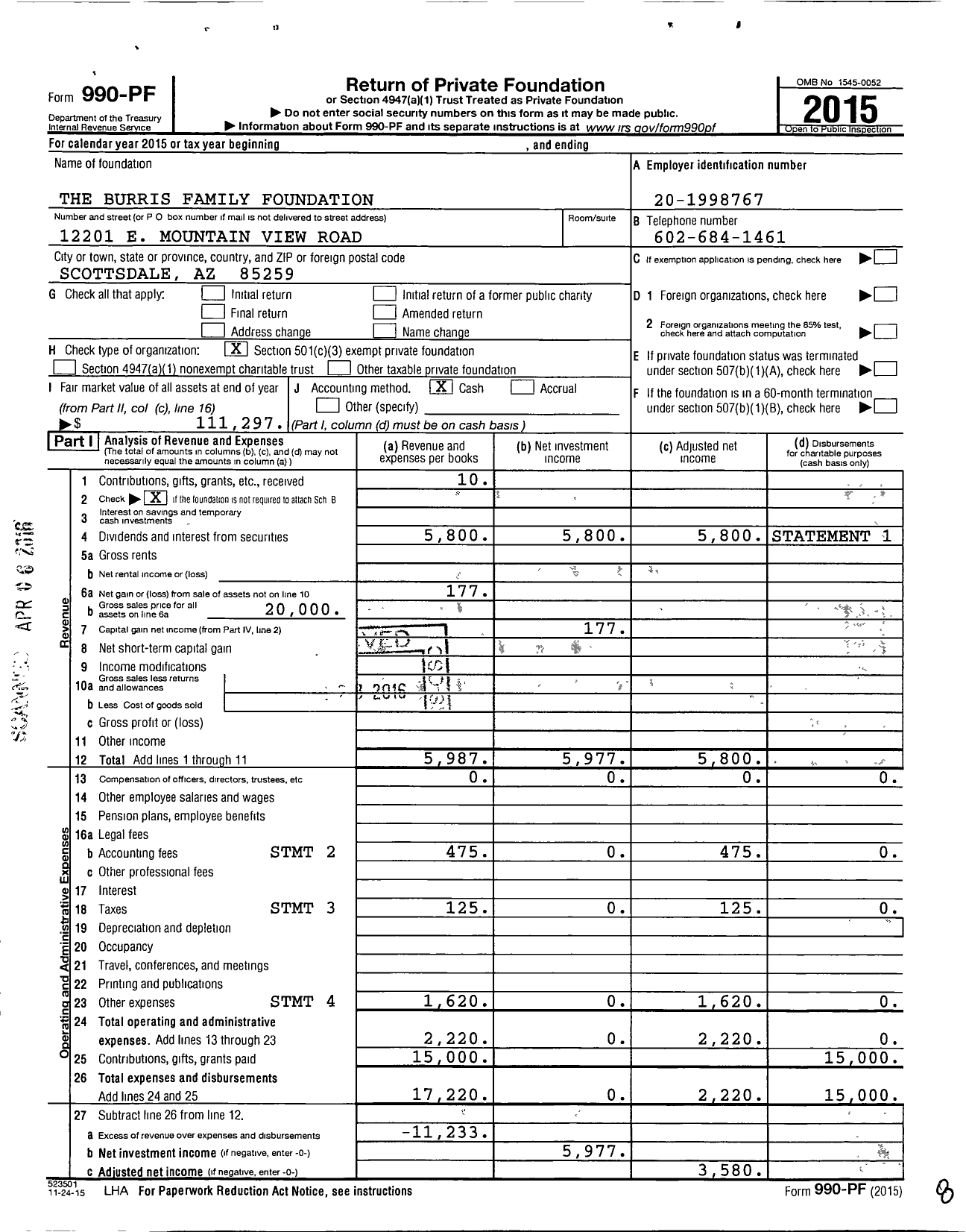 Image of first page of 2015 Form 990PF for The Burris Family Foundation