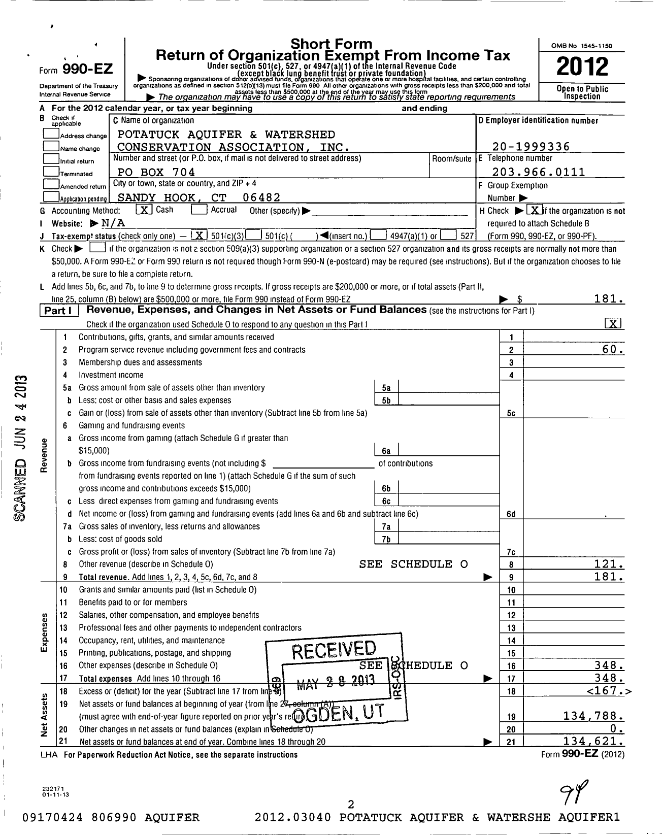 Image of first page of 2012 Form 990EZ for Potatuck Aquifer and Watershed Conservation Association