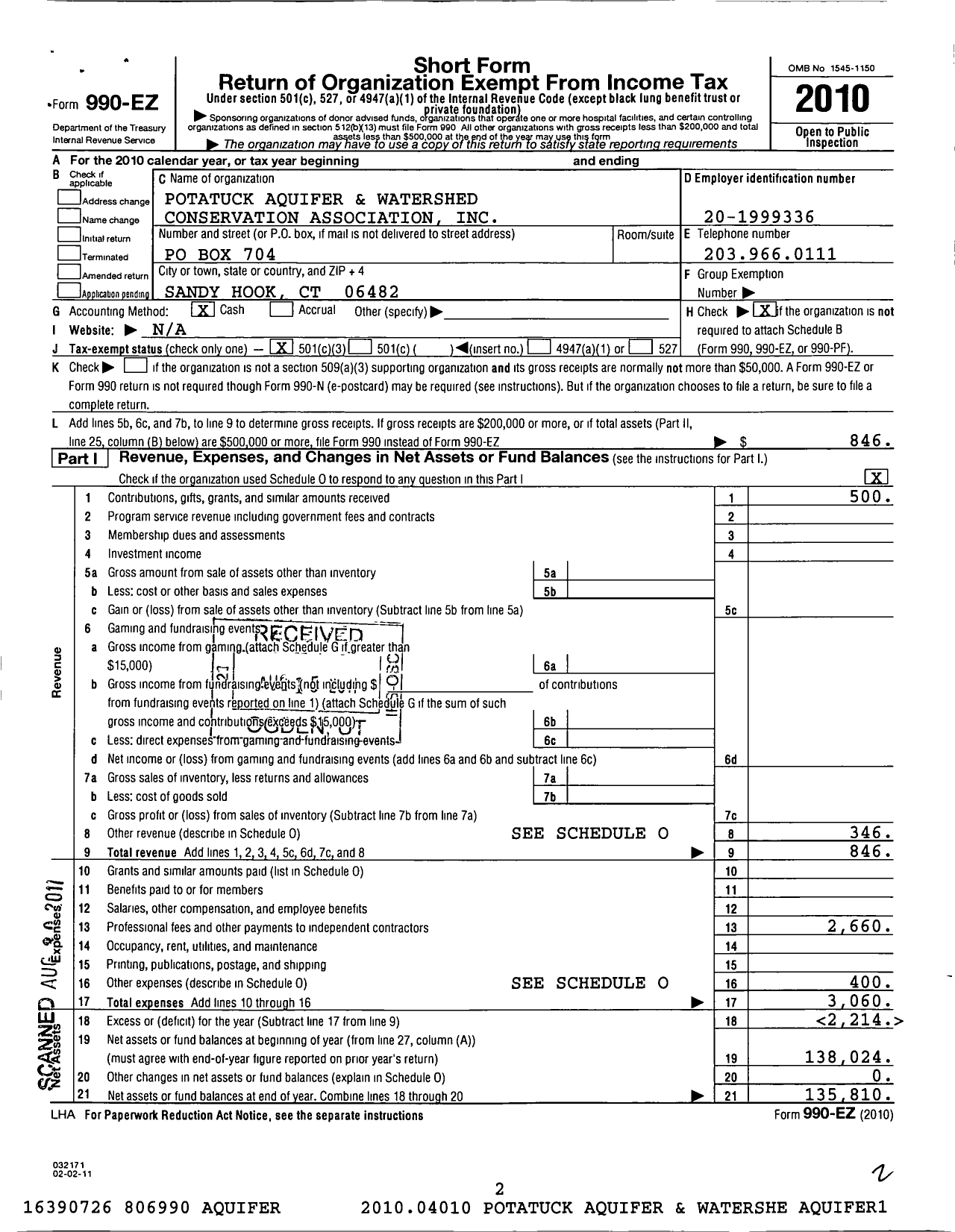 Image of first page of 2010 Form 990EZ for Potatuck Aquifer and Watershed Conservation Association