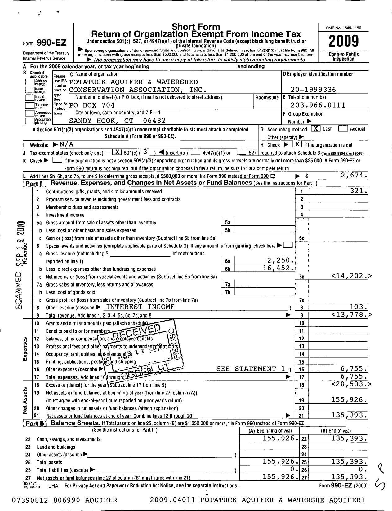 Image of first page of 2009 Form 990EZ for Potatuck Aquifer and Watershed Conservation Association