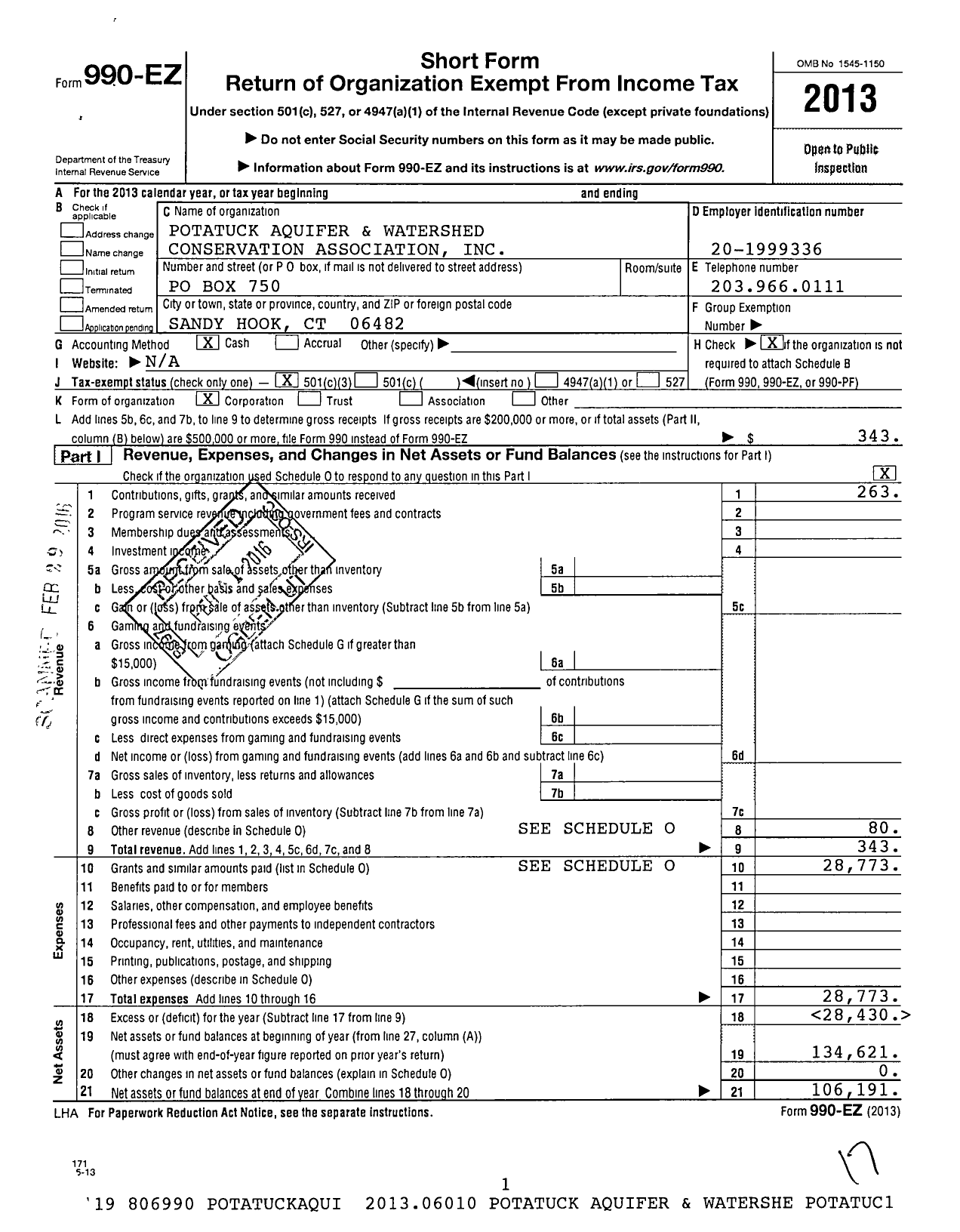 Image of first page of 2013 Form 990EZ for Potatuck Aquifer and Watershed Conservation Association