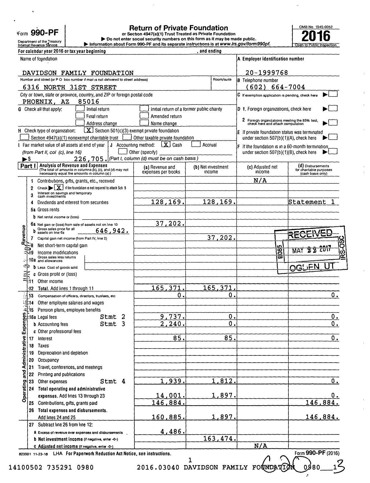 Image of first page of 2016 Form 990PF for Davidson Family Foundation