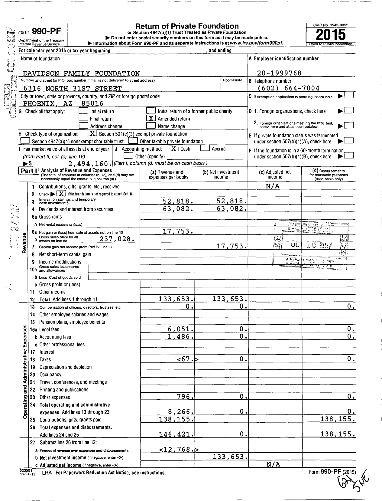 Image of first page of 2015 Form 990PF for Davidson Family Foundation