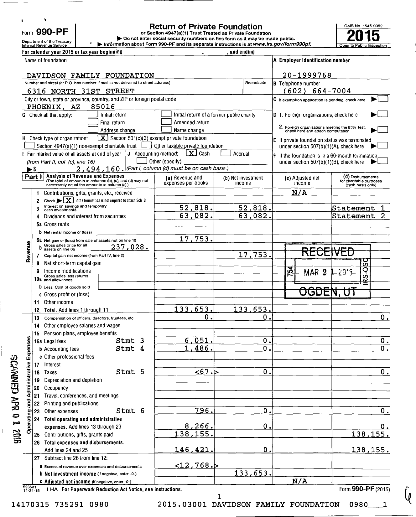 Image of first page of 2015 Form 990PF for Davidson Family Foundation