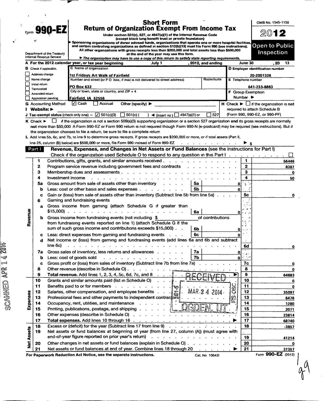 Image of first page of 2012 Form 990EZ for 1st Fridays Art Walk of Fairfield